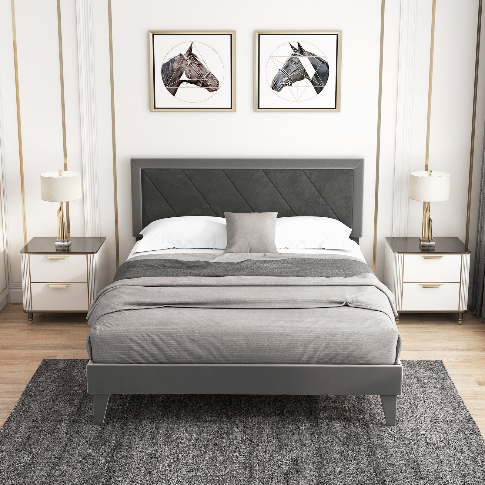 Twin/Full/Queen Platform Bed with High Headboard and Wooden Slats-Queen Size, Black & Gray Simple Bed Frame   at Gallery Canada