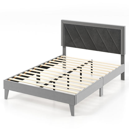 Twin/Full/Queen Platform Bed with High Headboard and Wooden Slats-Full Size, Black & Gray Simple Bed Frame   at Gallery Canada