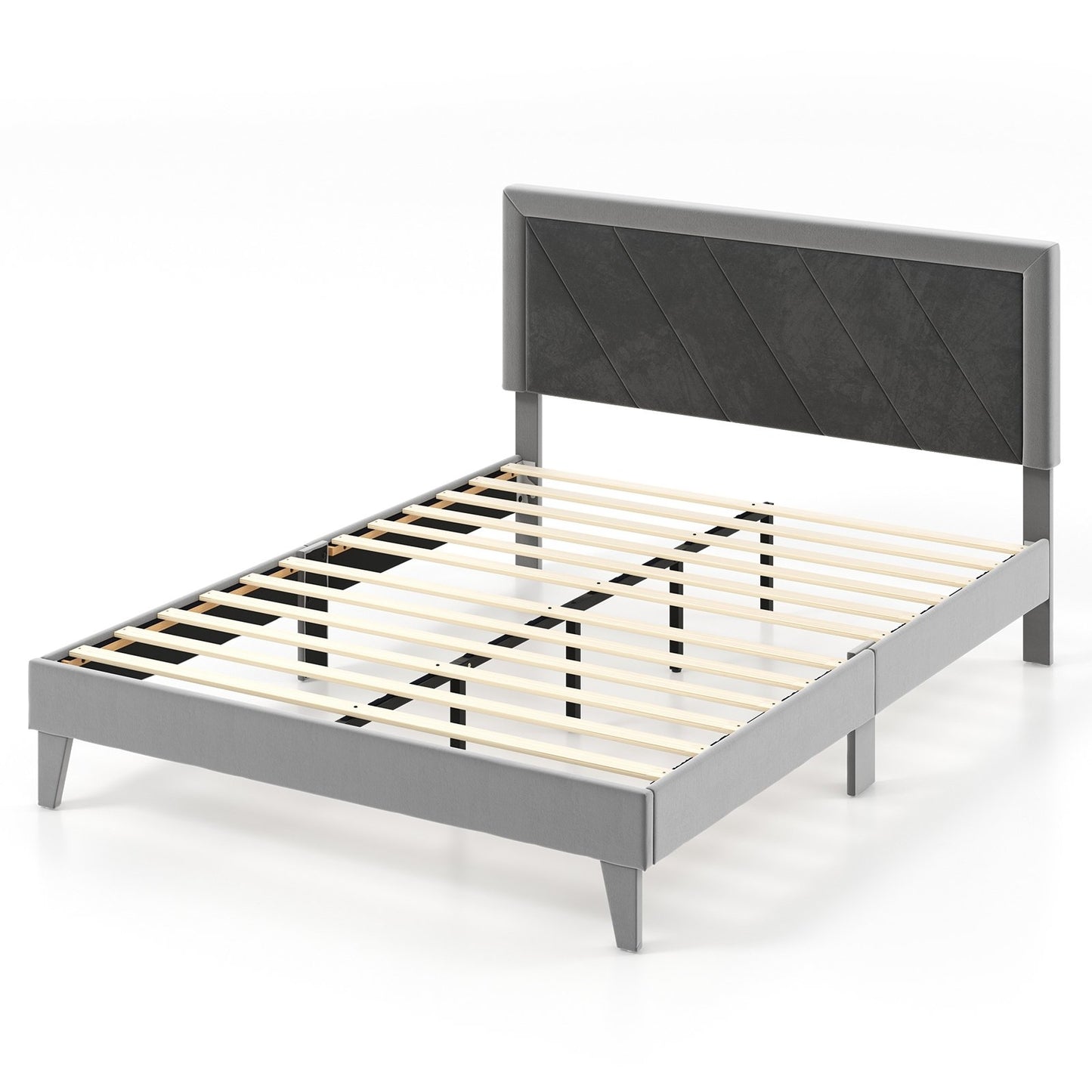 Twin/Full/Queen Platform Bed with High Headboard and Wooden Slats-Queen Size, Black & Gray Simple Bed Frame   at Gallery Canada