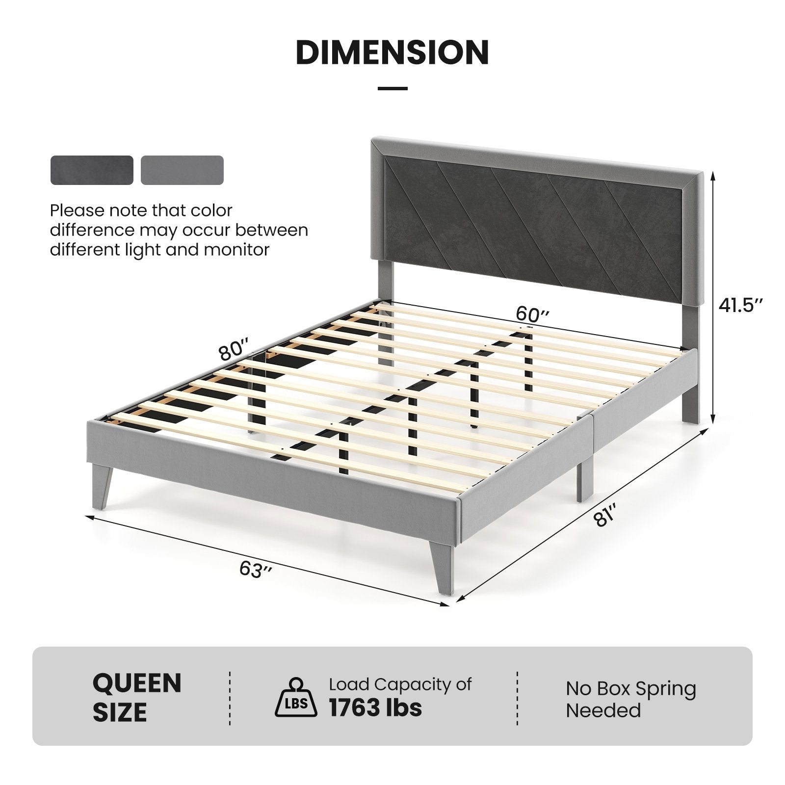 Twin/Full/Queen Platform Bed with High Headboard and Wooden Slats-Queen Size, Black & Gray Simple Bed Frame   at Gallery Canada