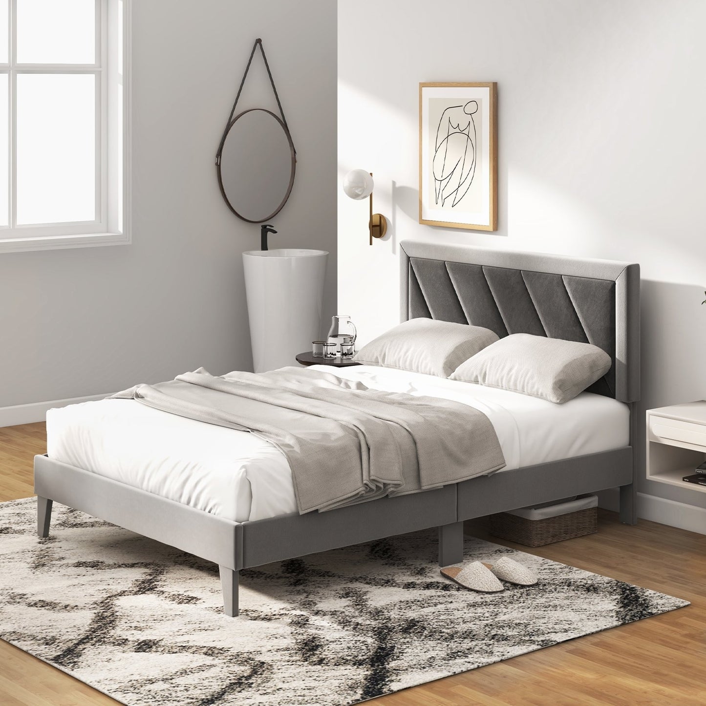 Twin/Full/Queen Platform Bed with High Headboard and Wooden Slats-Full Size, Black & Gray Simple Bed Frame   at Gallery Canada