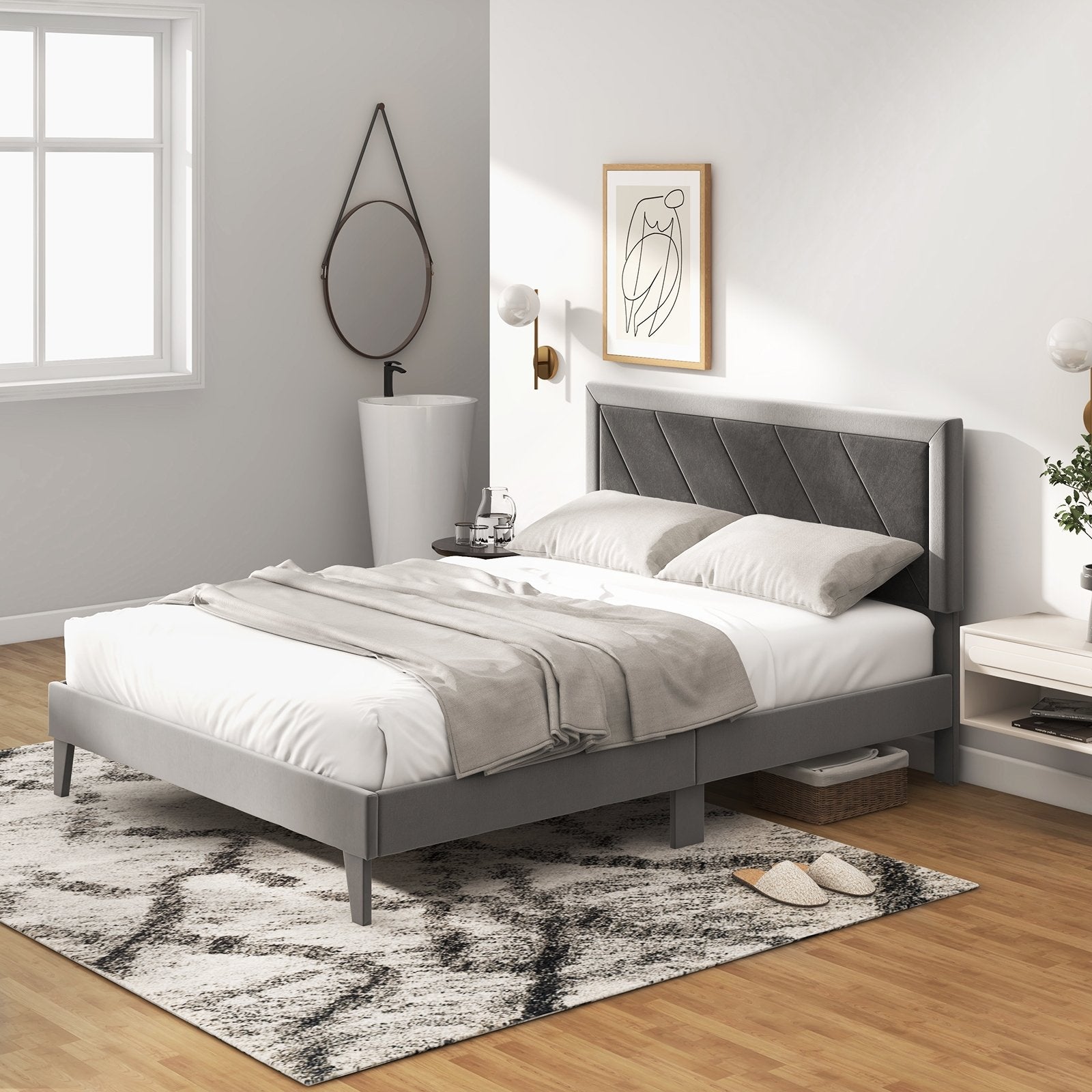 Twin/Full/Queen Platform Bed with High Headboard and Wooden Slats-Queen Size, Black & Gray Simple Bed Frame   at Gallery Canada