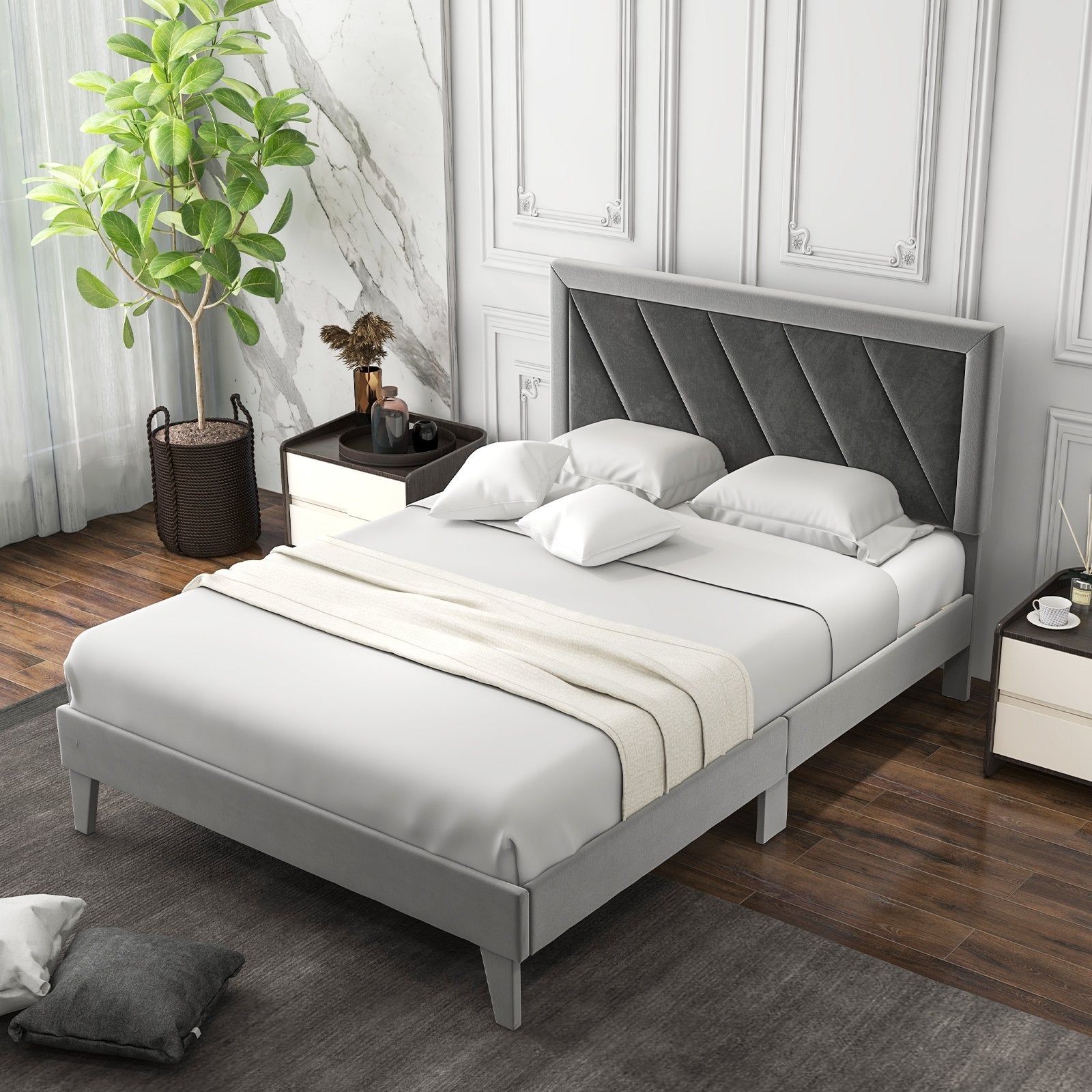 Twin/Full/Queen Platform Bed with High Headboard and Wooden Slats-Full Size, Black & Gray Simple Bed Frame   at Gallery Canada