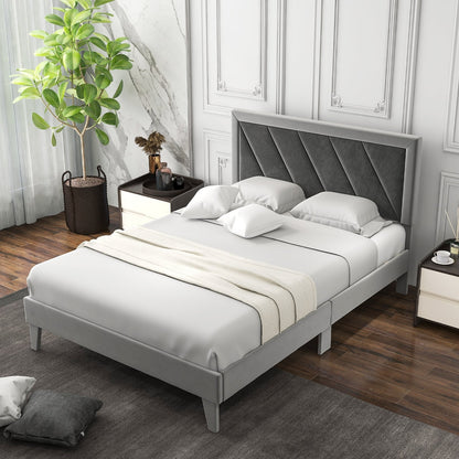 Twin/Full/Queen Platform Bed with High Headboard and Wooden Slats-Full Size, Black & Gray Simple Bed Frame   at Gallery Canada