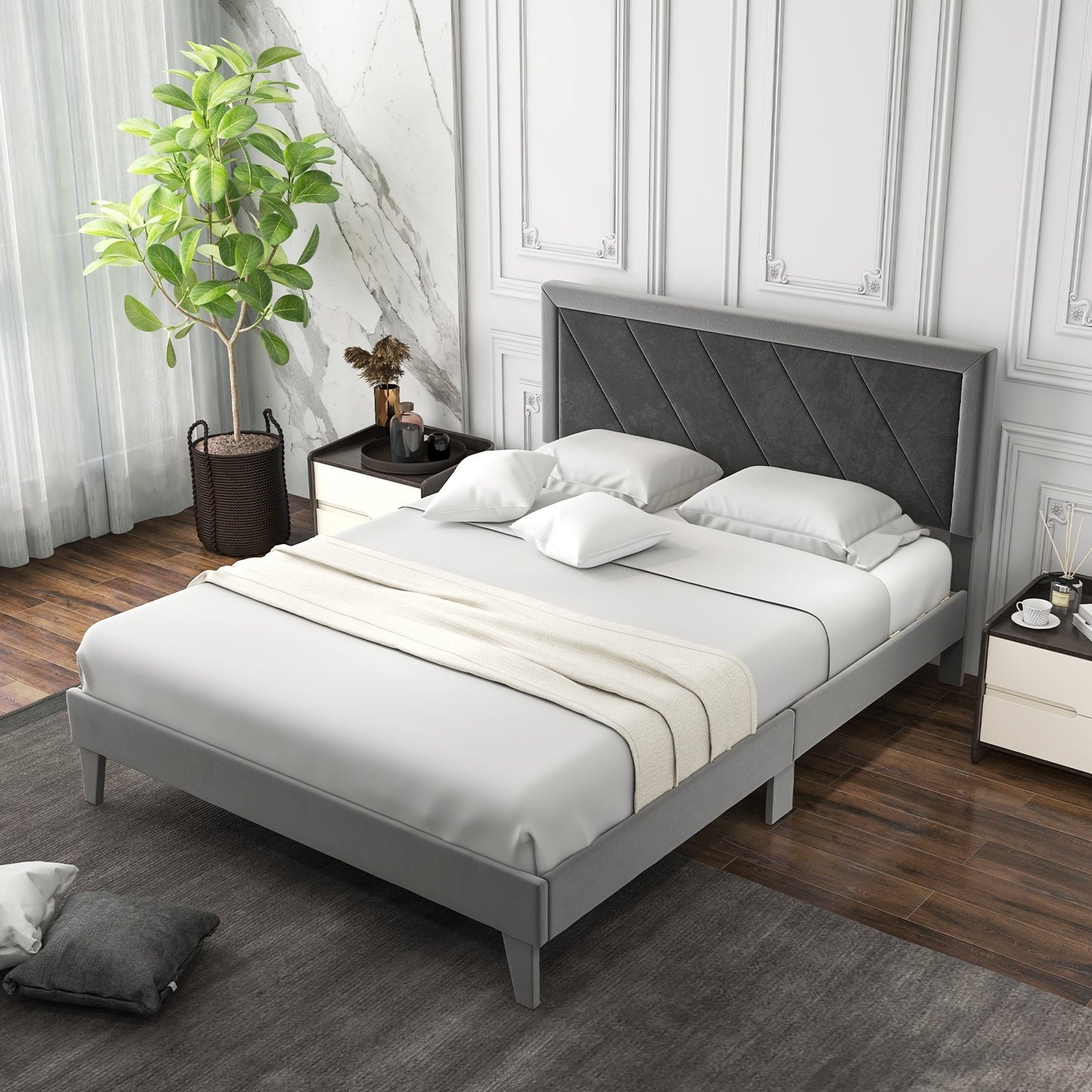 Twin/Full/Queen Platform Bed with High Headboard and Wooden Slats-Queen Size, Black & Gray Simple Bed Frame   at Gallery Canada