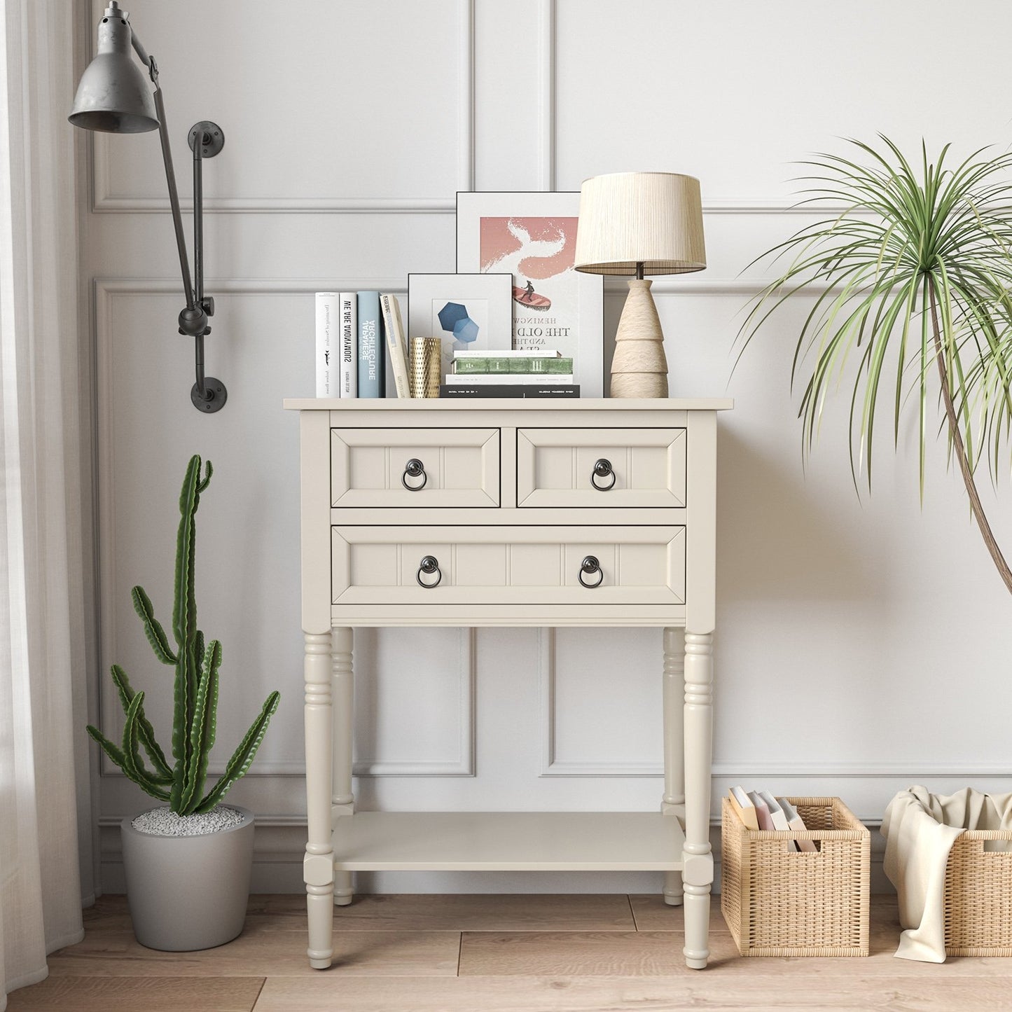 Narrow Console Table with 3 Storage Drawers and Open Bottom Shelf, Beige Console Tables   at Gallery Canada