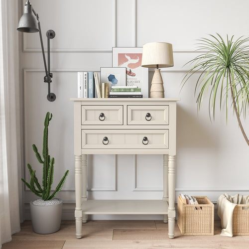 Narrow Console Table with 3 Storage Drawers and Open Bottom Shelf, Beige