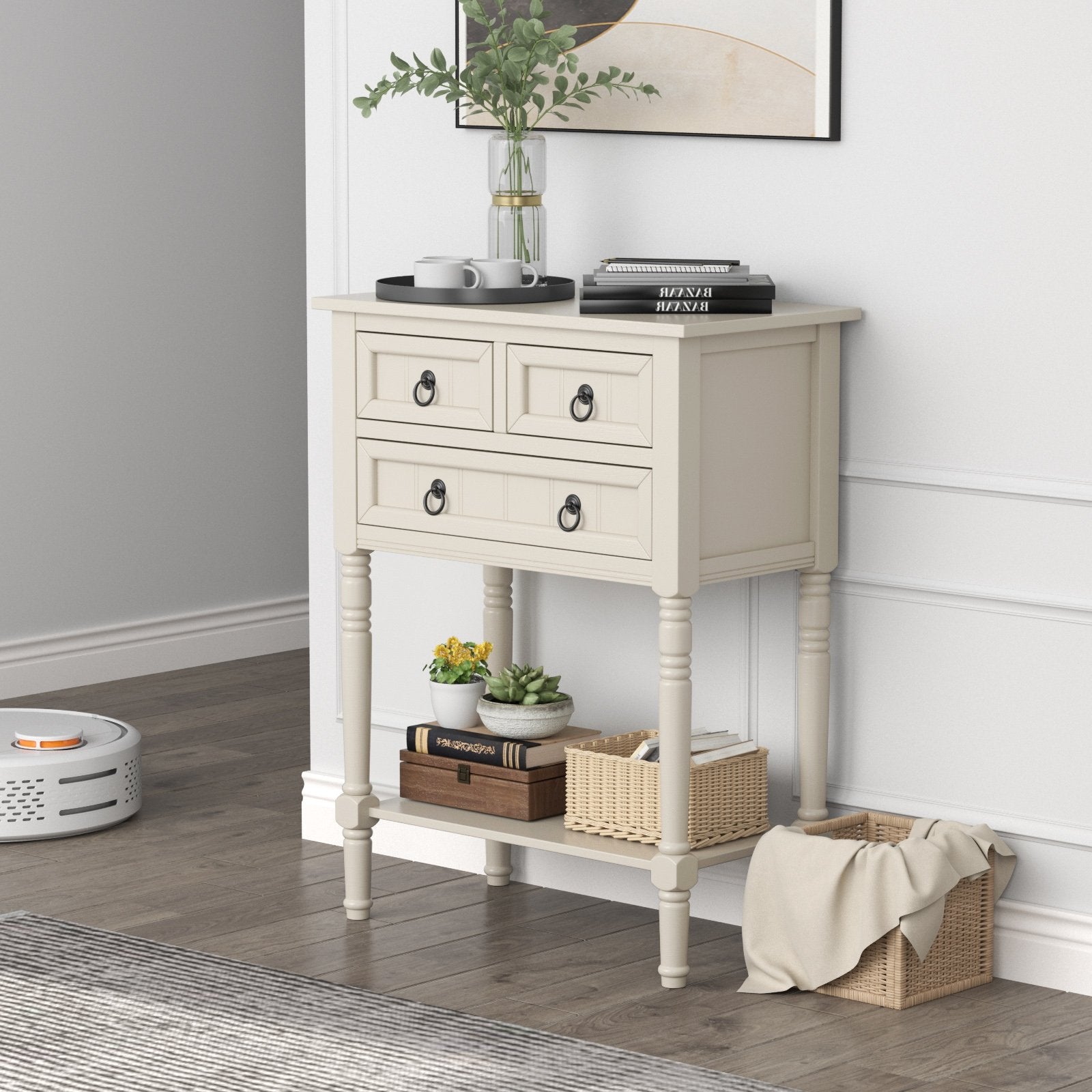 Narrow Console Table with 3 Storage Drawers and Open Bottom Shelf, Beige Console Tables   at Gallery Canada