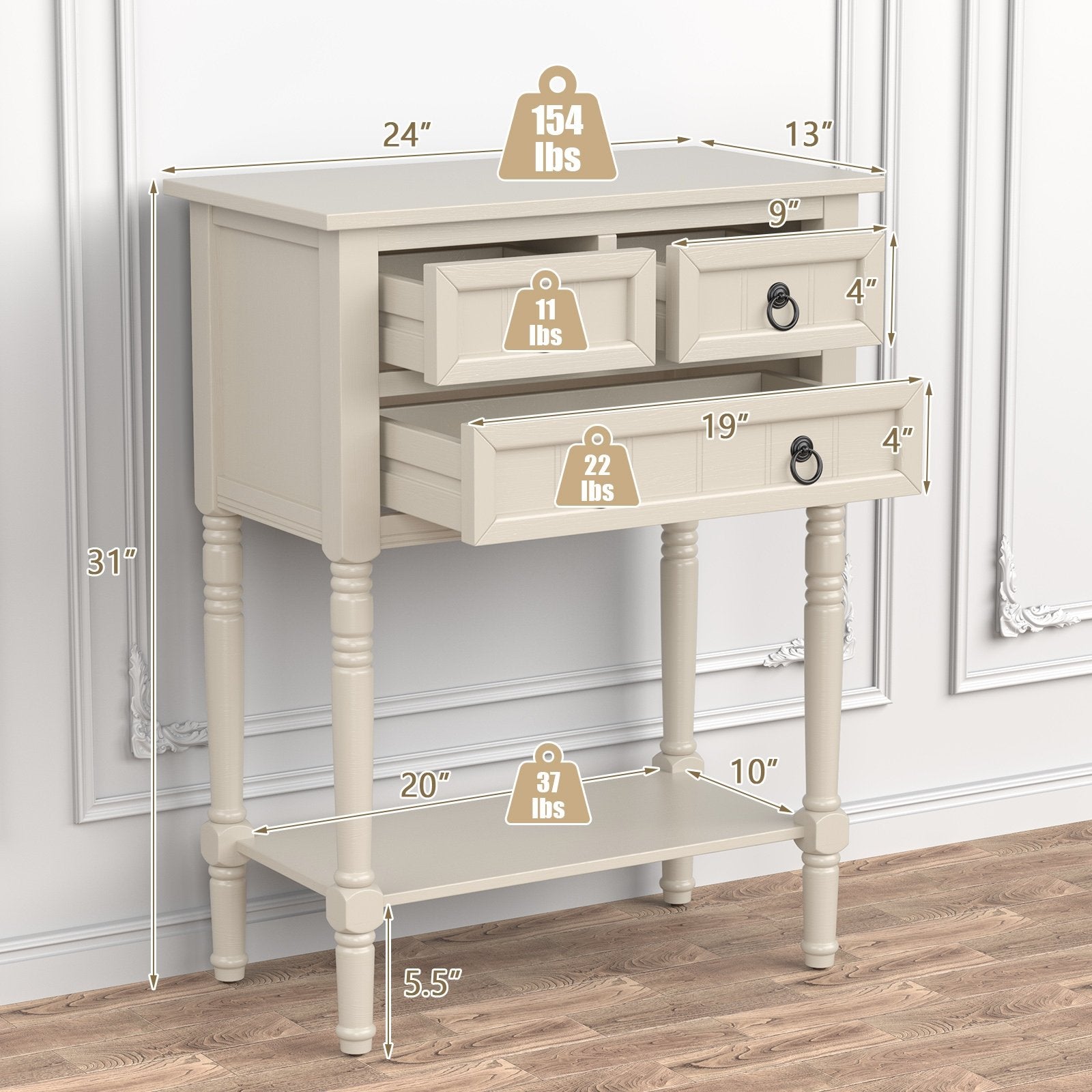 Narrow Console Table with 3 Storage Drawers and Open Bottom Shelf, Beige Console Tables   at Gallery Canada