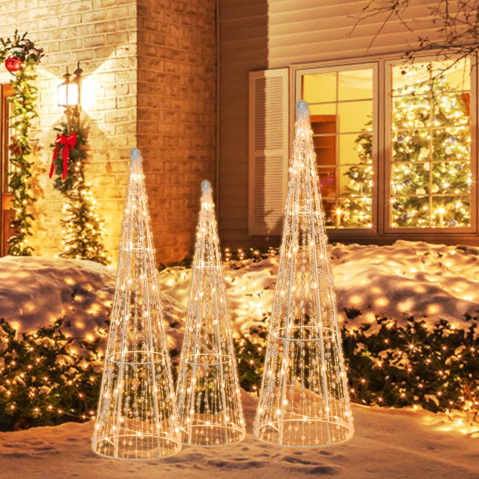 Set of 3 Pre-lit Christmas Cone Trees with Star Strings, White Christmas Decor & Accessories   at Gallery Canada