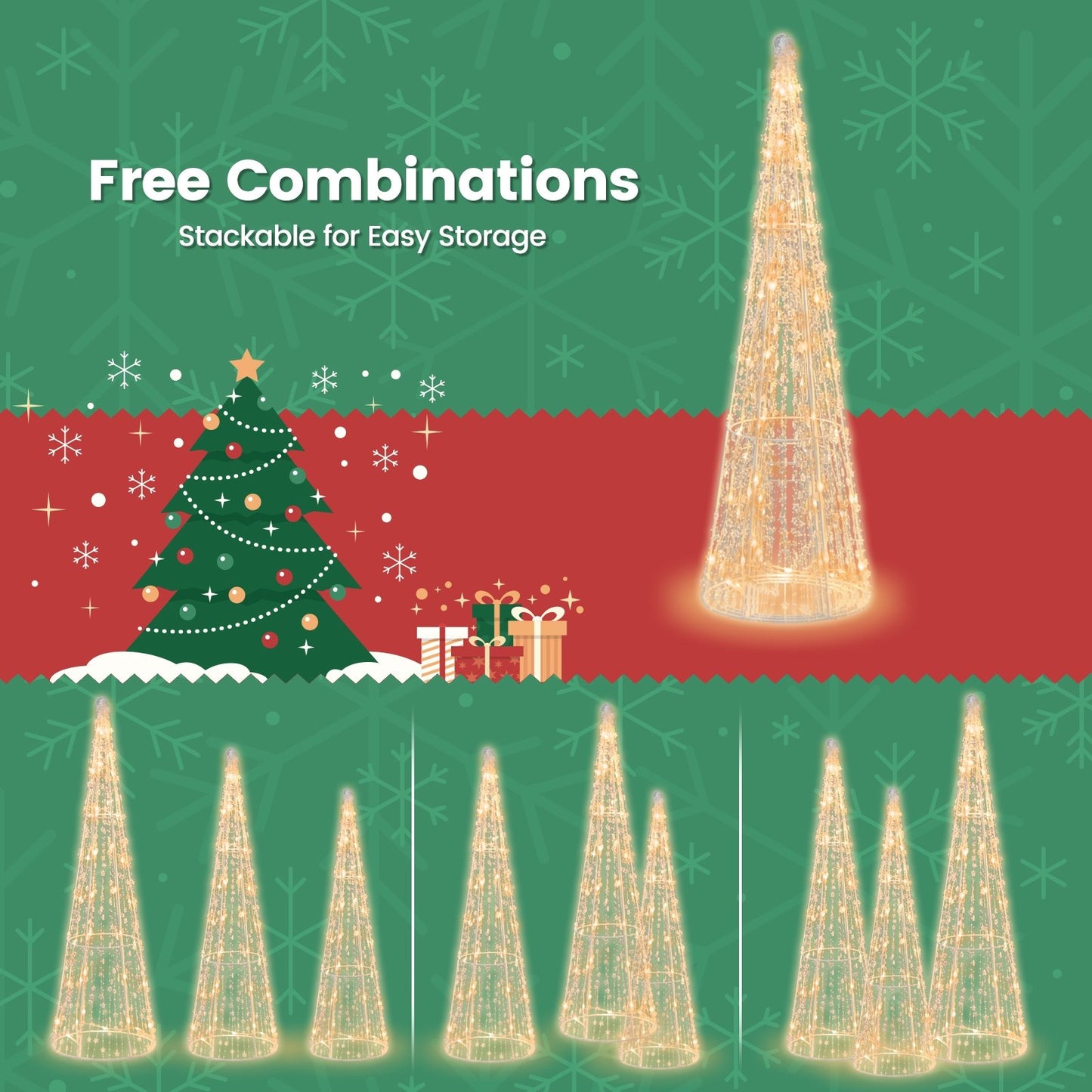 Set of 3 Pre-lit Christmas Cone Trees with Star Strings, White Christmas Decor & Accessories   at Gallery Canada