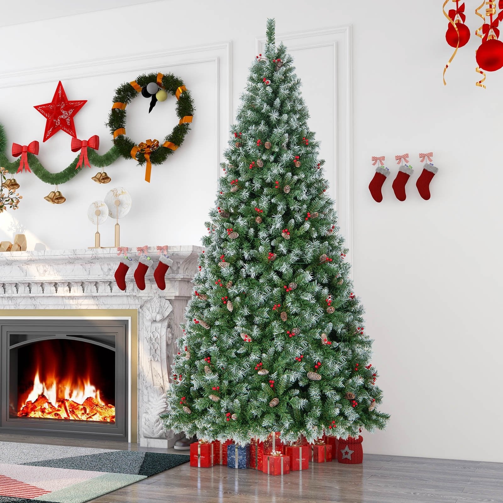 Hinged Christmas Tree with PVC Branch Tips and Warm White LED Lights-9 ft, Green - Gallery Canada