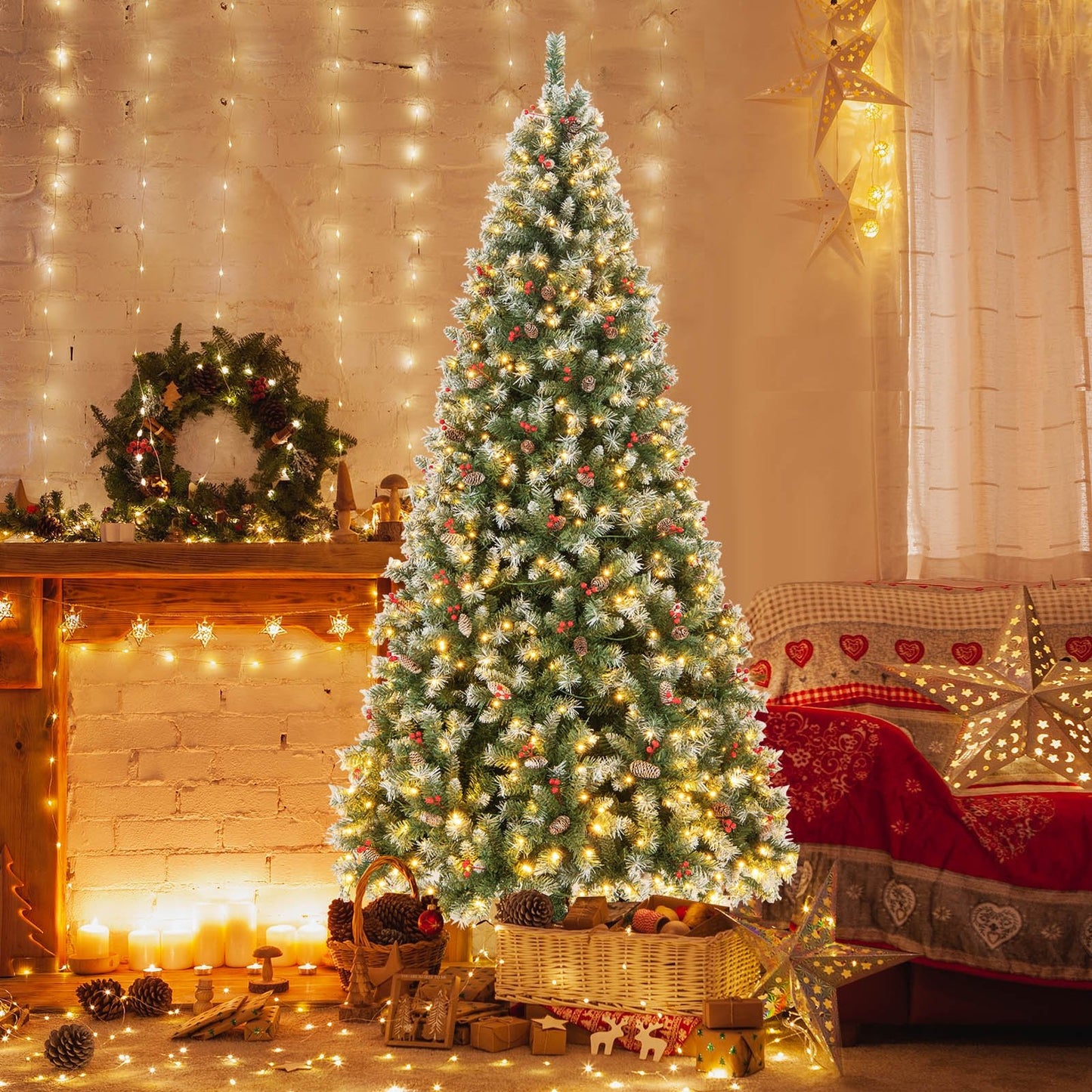 Hinged Christmas Tree with PVC Branch Tips and Warm White LED Lights-9 ft, Green - Gallery Canada