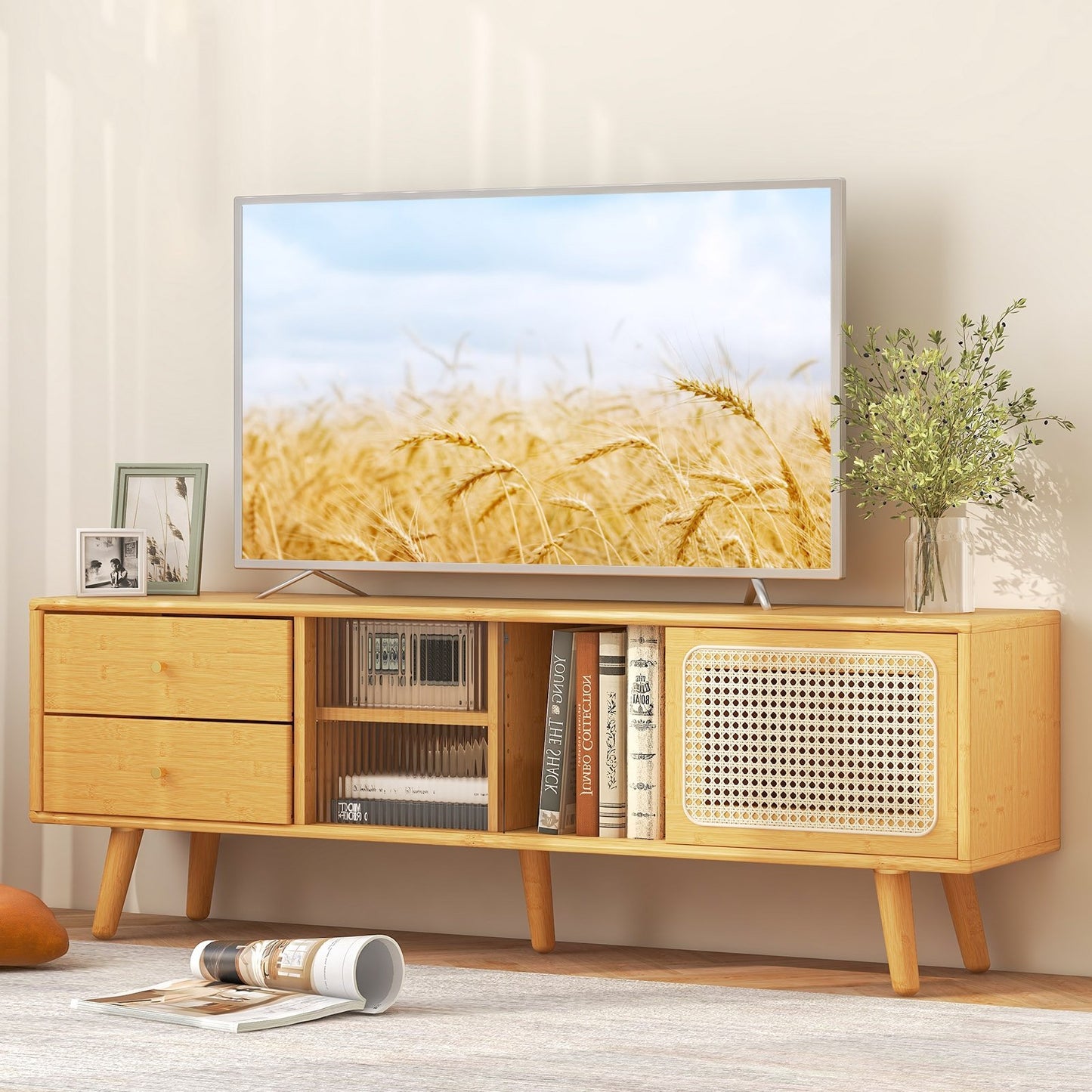 Bamboo TV Stand for TV up to 65 Inch, Natural End & Side Tables   at Gallery Canada