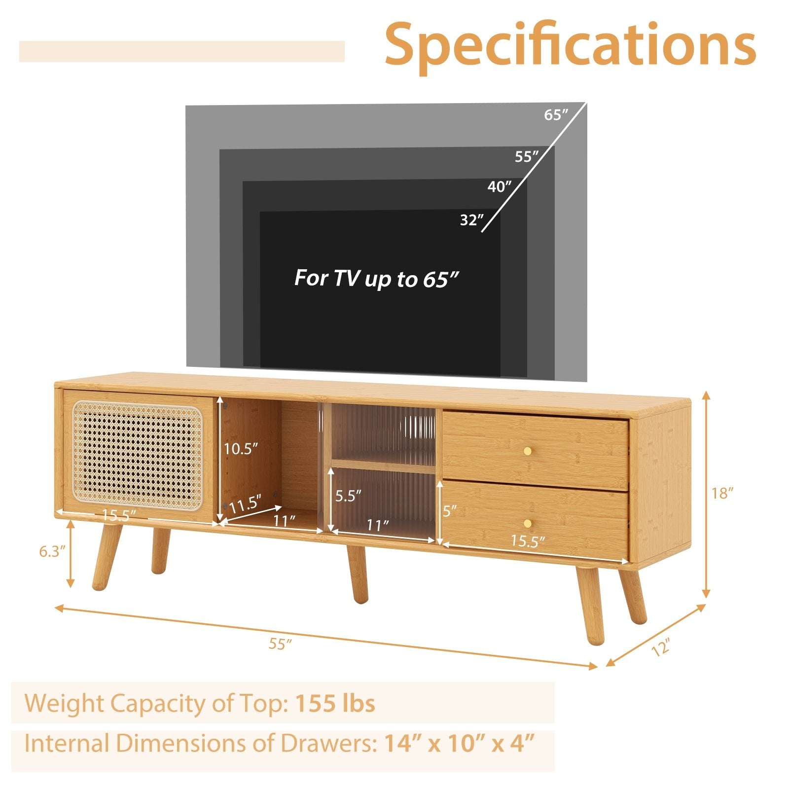 Bamboo TV Stand for TV up to 65 Inch, Natural End & Side Tables   at Gallery Canada