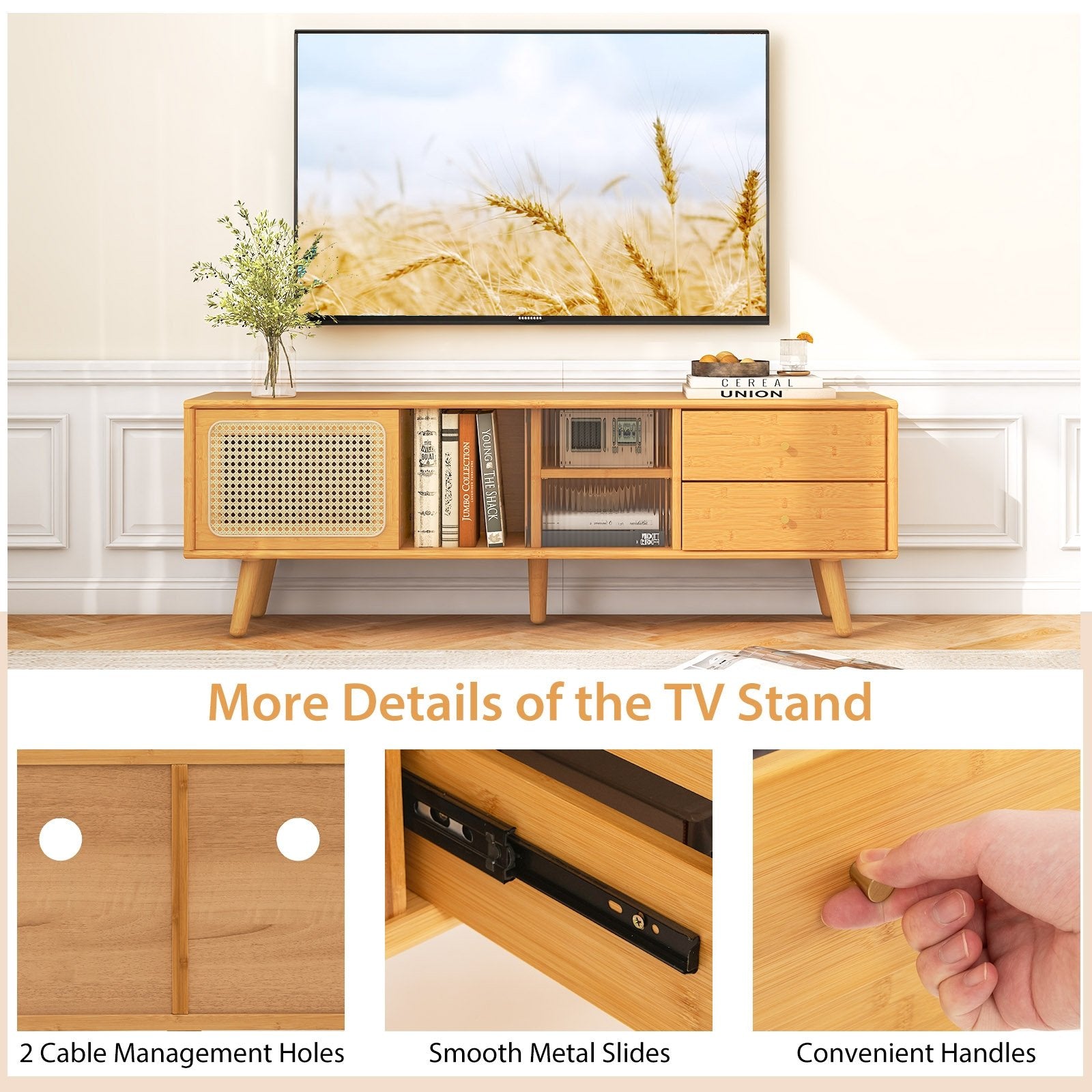 Bamboo TV Stand for TV up to 65 Inch, Natural End & Side Tables   at Gallery Canada