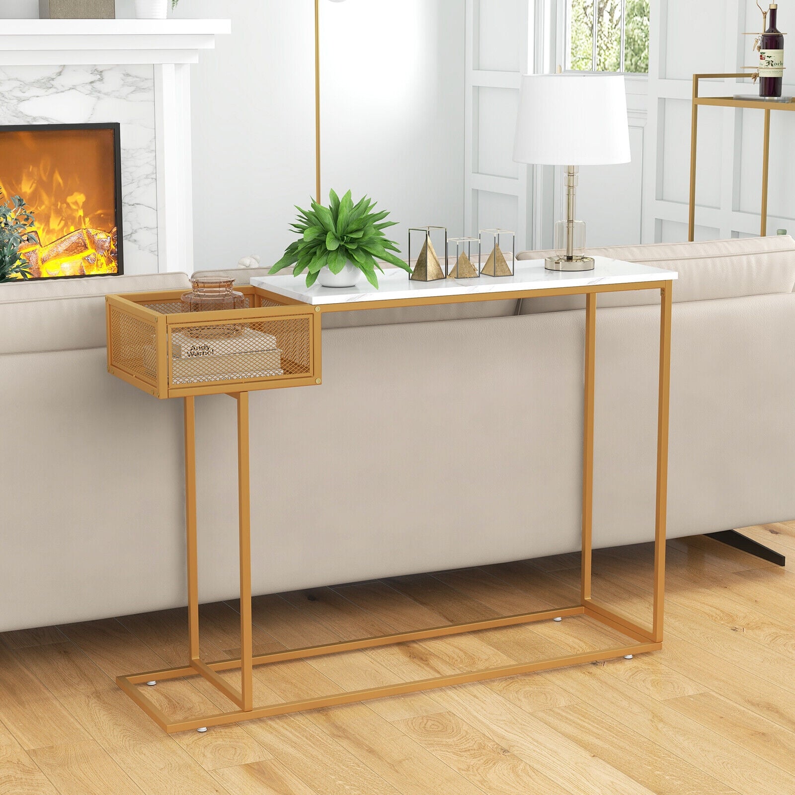 Rectangular White Faux Marble Console Table with Storage, Golden Ceiling Lights at Gallery Canada