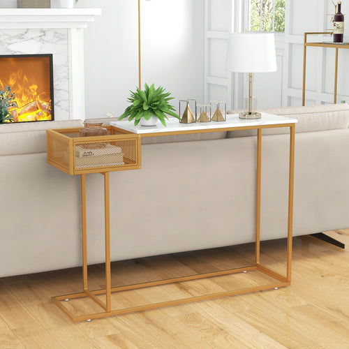Rectangular White Faux Marble Console Table with Storage, Golden