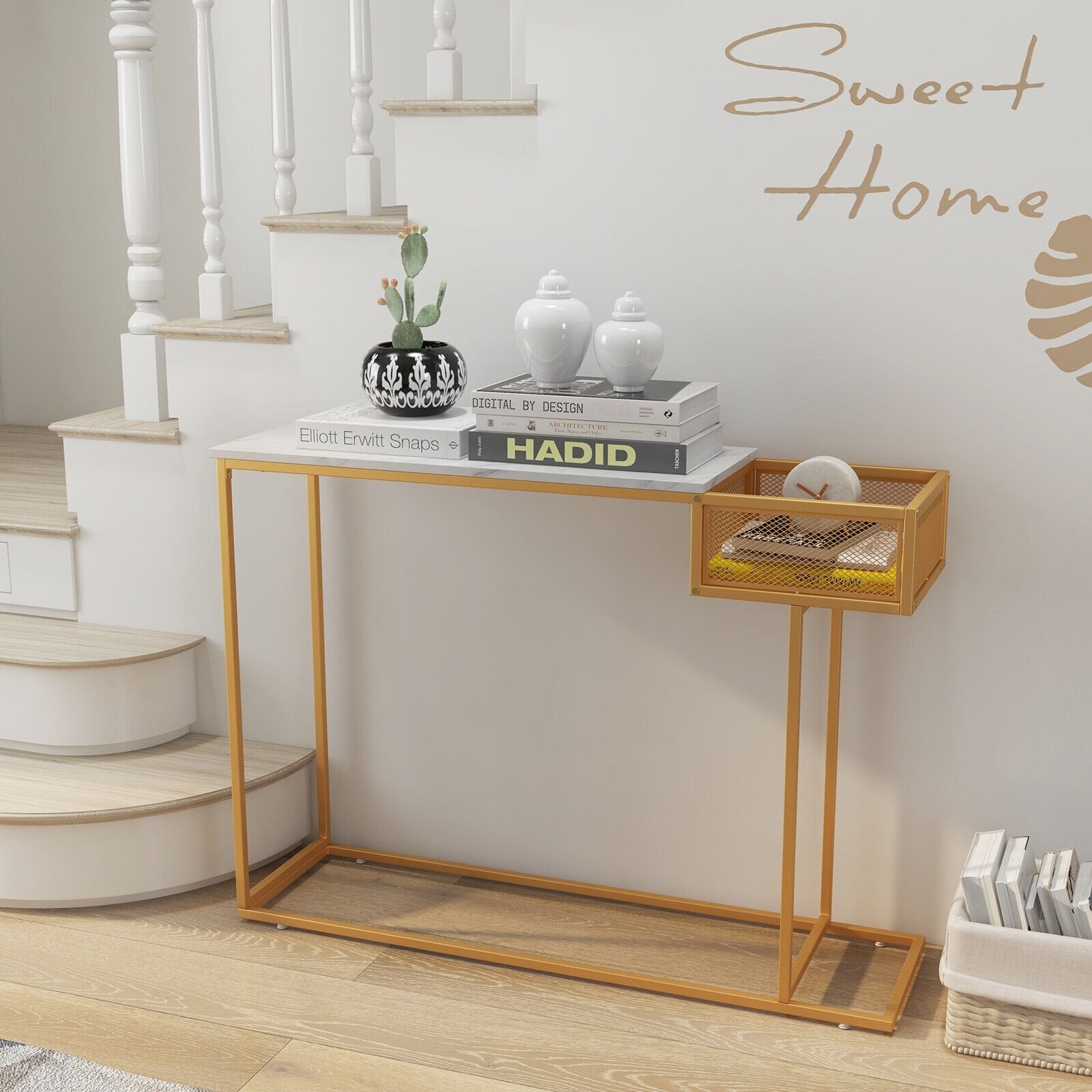 Rectangular White Faux Marble Console Table with Storage-Gold, Golden Ceiling Lights   at Gallery Canada