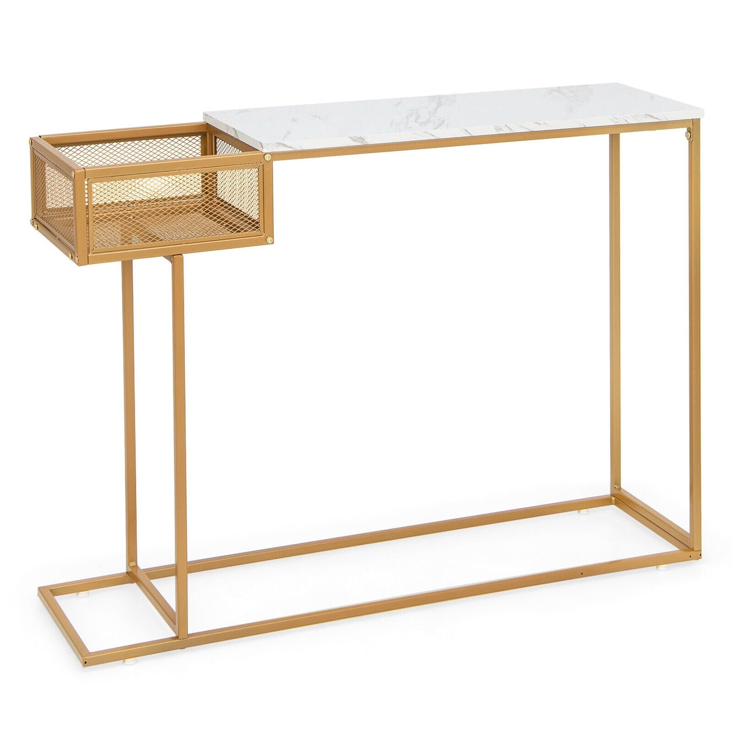 Rectangular White Faux Marble Console Table with Storage-Gold, Golden Ceiling Lights   at Gallery Canada