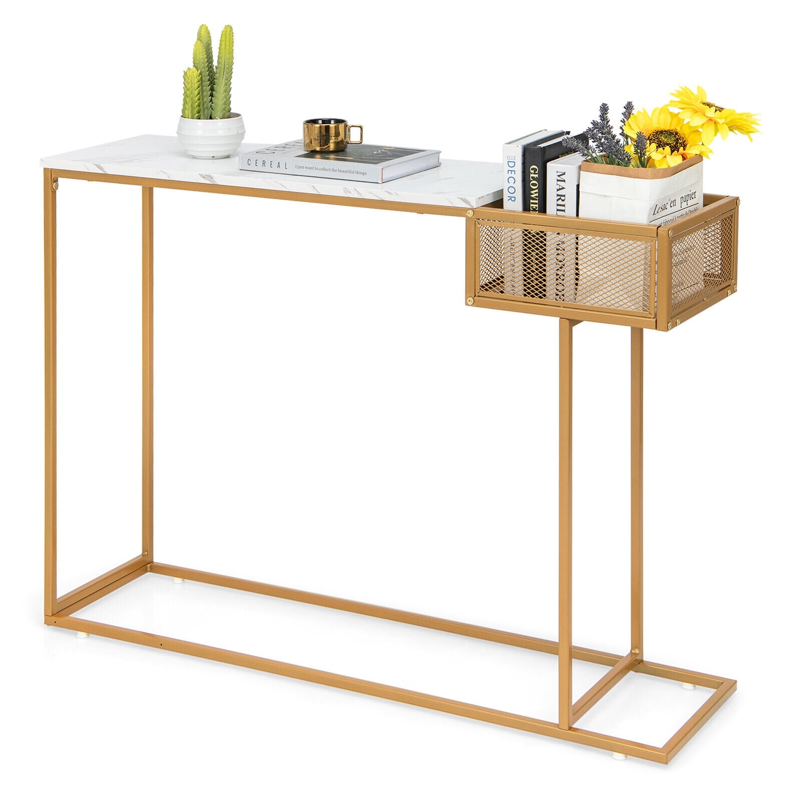 Rectangular White Faux Marble Console Table with Storage, Golden Ceiling Lights at Gallery Canada