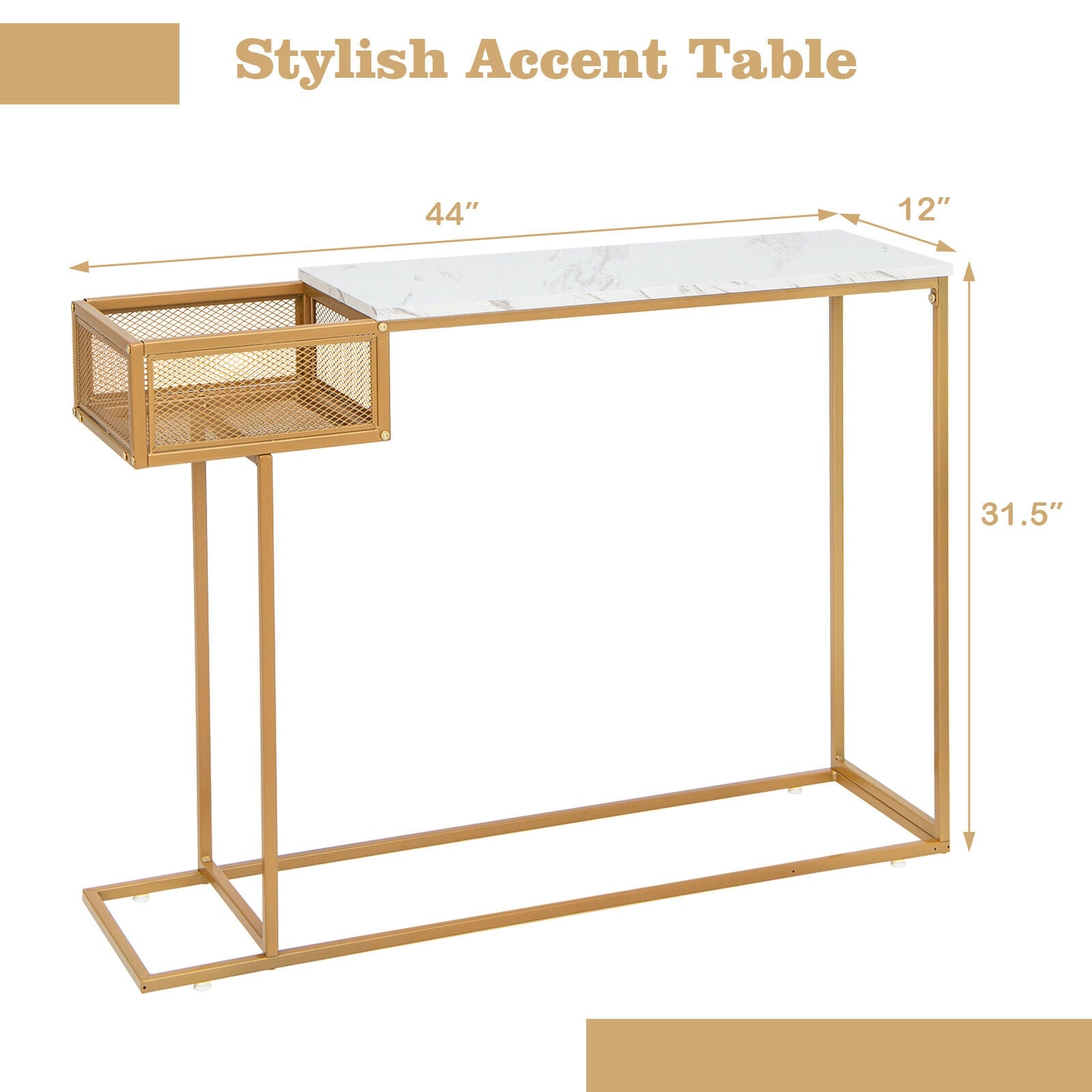 Rectangular White Faux Marble Console Table with Storage, Golden Ceiling Lights at Gallery Canada
