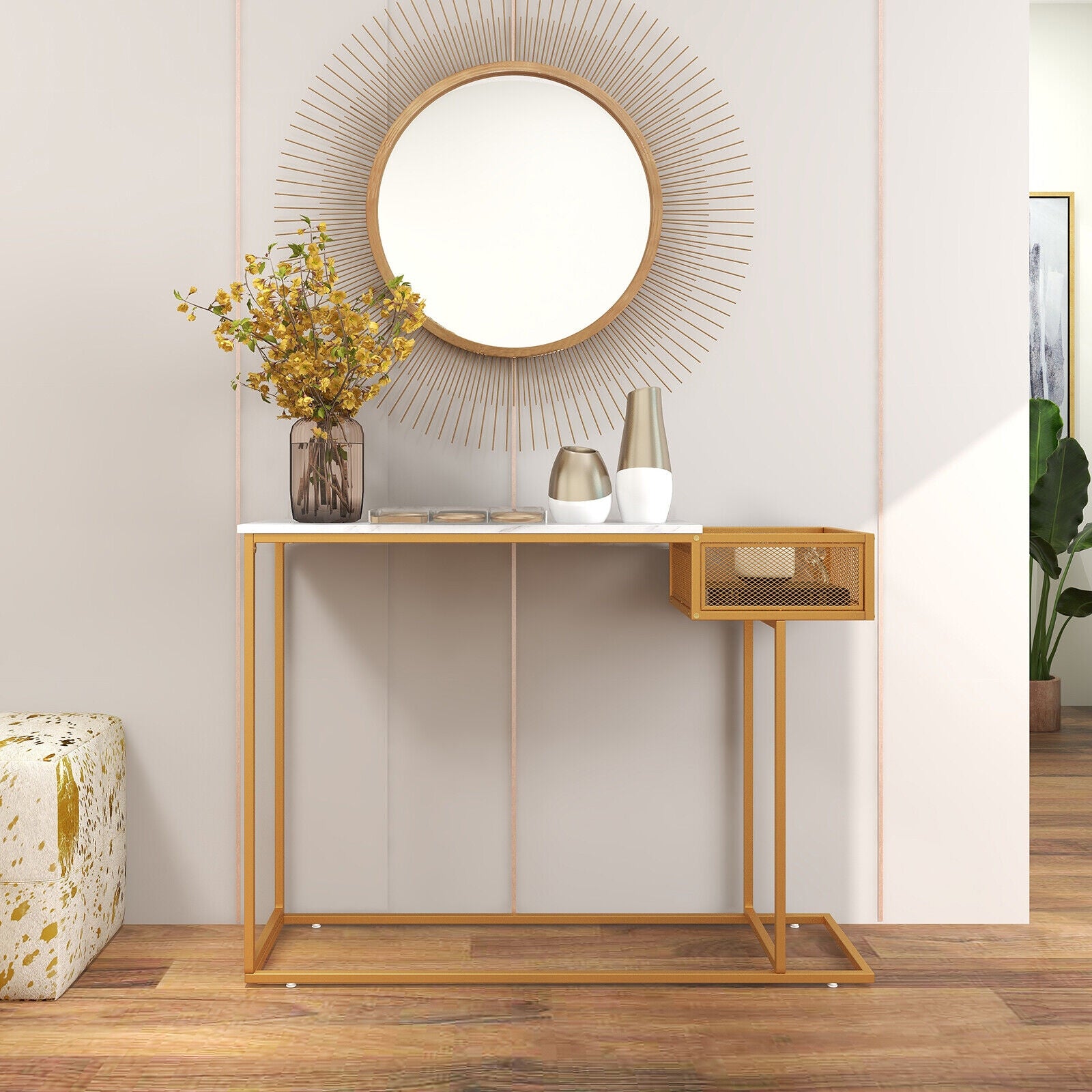 Rectangular White Faux Marble Console Table with Storage, Golden Ceiling Lights at Gallery Canada