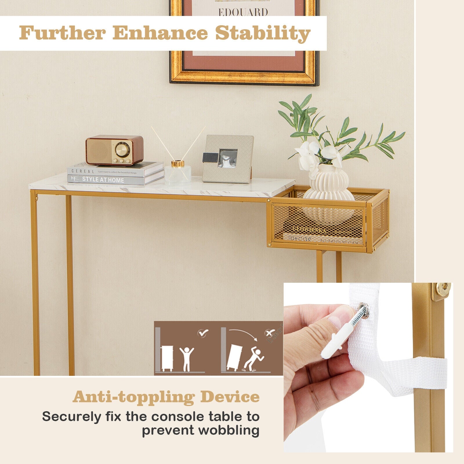 Rectangular White Faux Marble Console Table with Storage, Golden Ceiling Lights at Gallery Canada