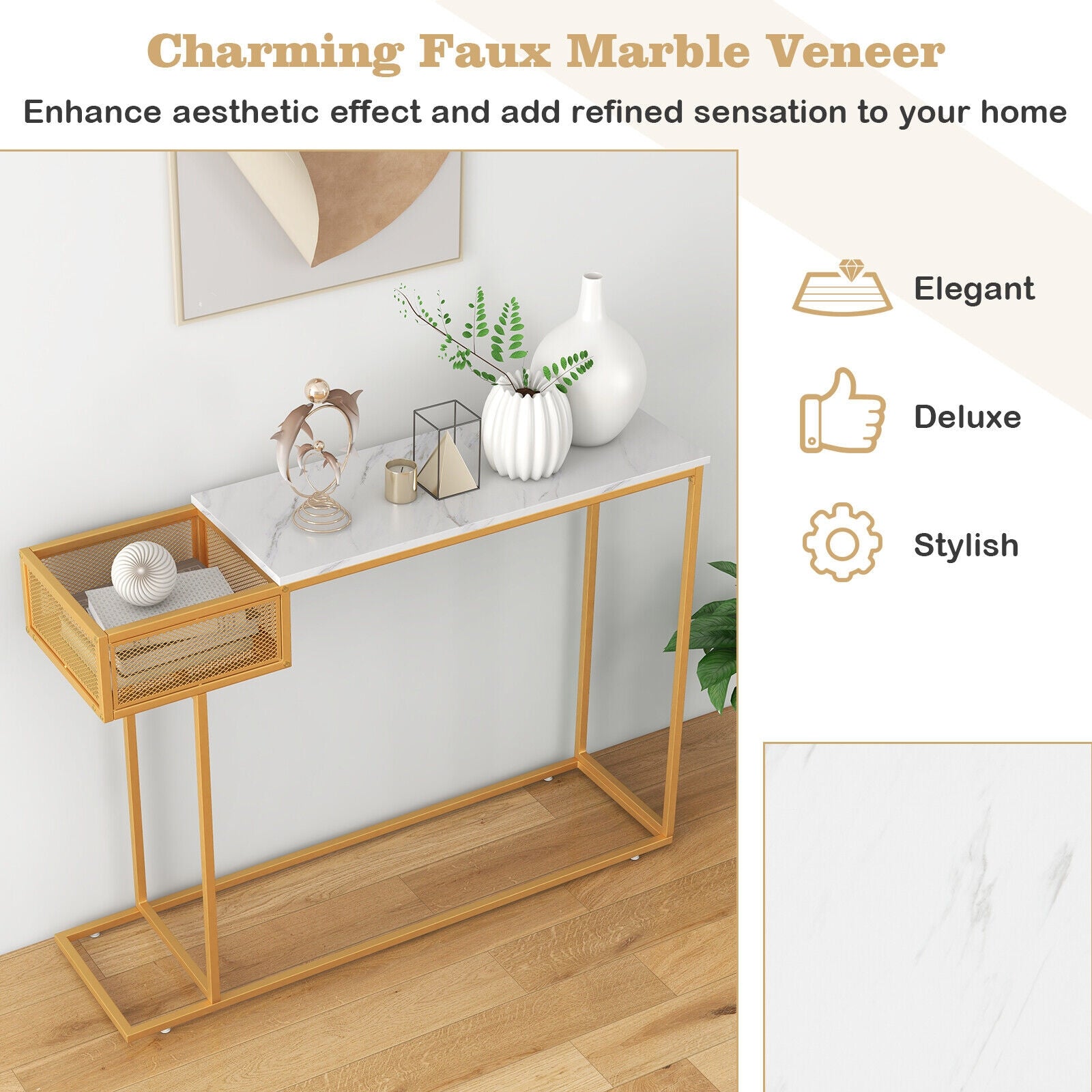Rectangular White Faux Marble Console Table with Storage, Golden Ceiling Lights at Gallery Canada