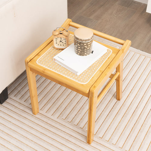 Bamboo Vanity Stool with Rattan Top and Reinforcement Bar, Natural