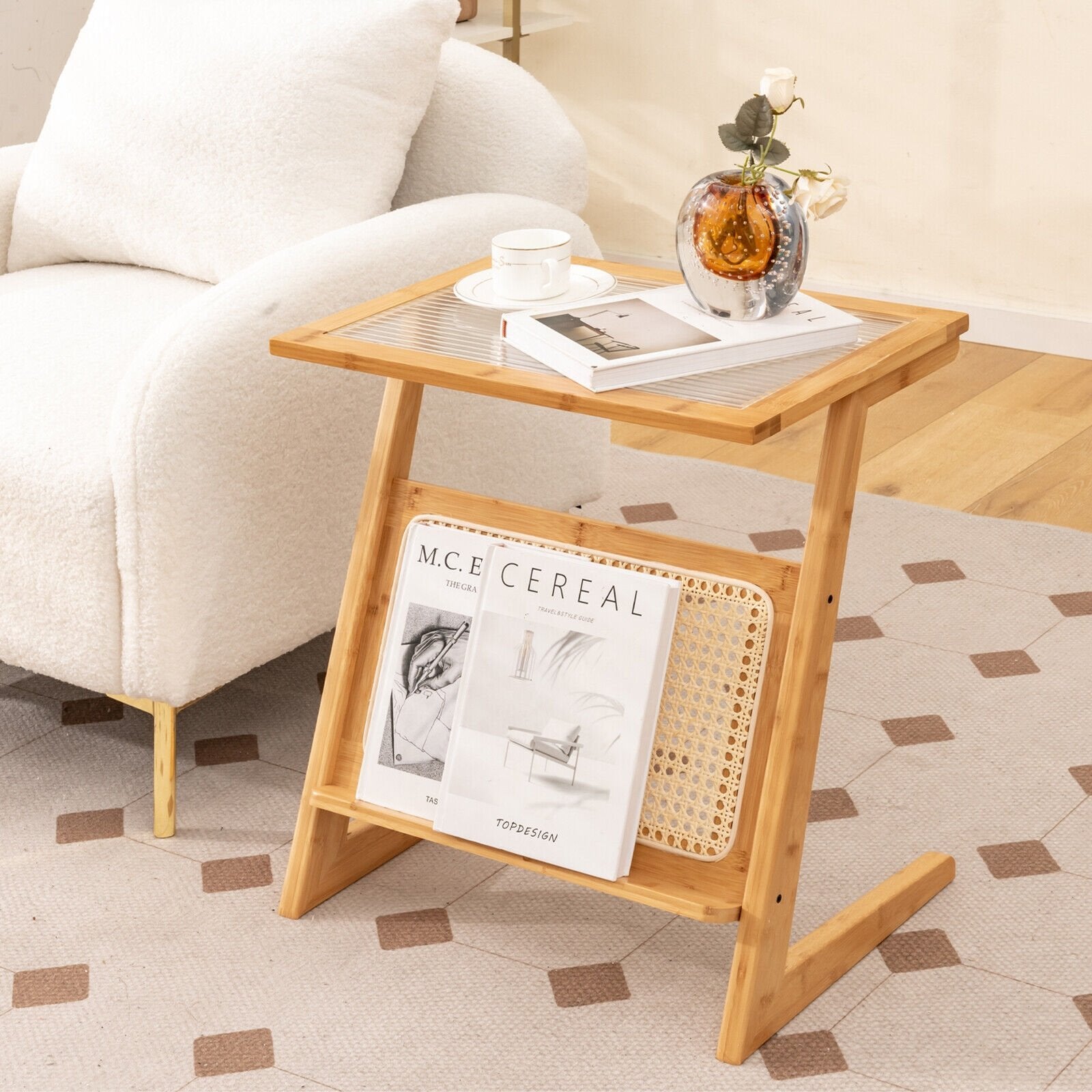 Z-shaped End Table with Magazine Rack and Rattan Shelf, Natural End & Side Tables   at Gallery Canada