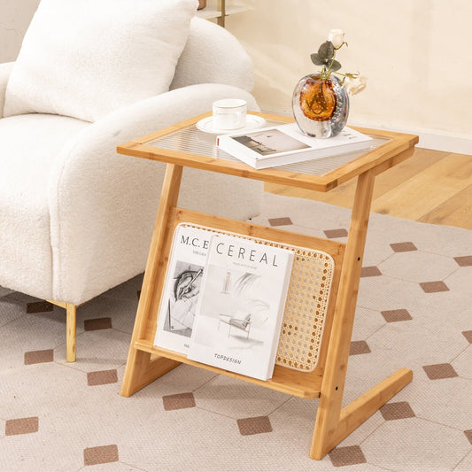 Z-shaped End Table with Magazine Rack and Rattan Shelf, Natural End & Side Tables   at Gallery Canada