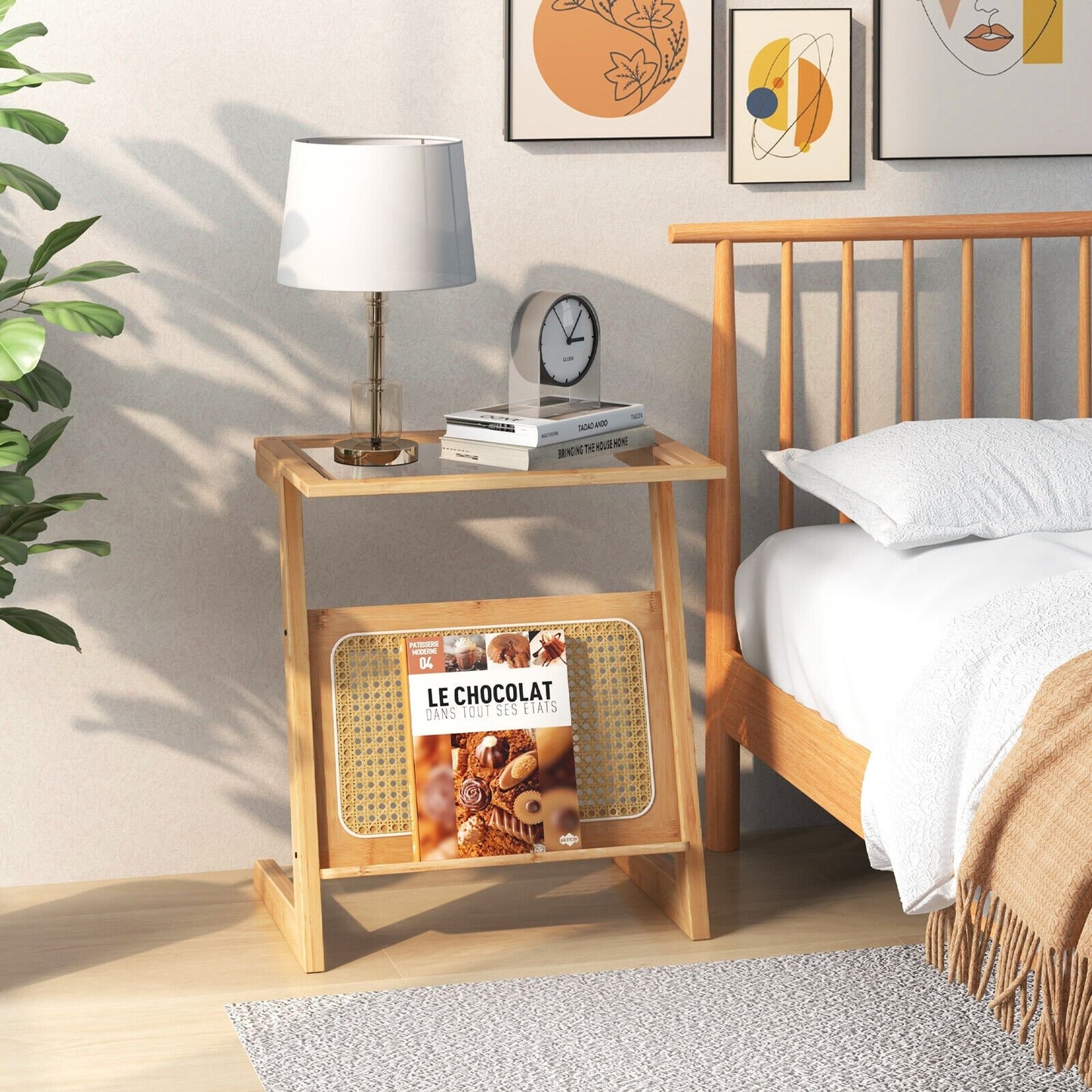 Z-shaped End Table with Magazine Rack and Rattan Shelf, Natural End & Side Tables   at Gallery Canada