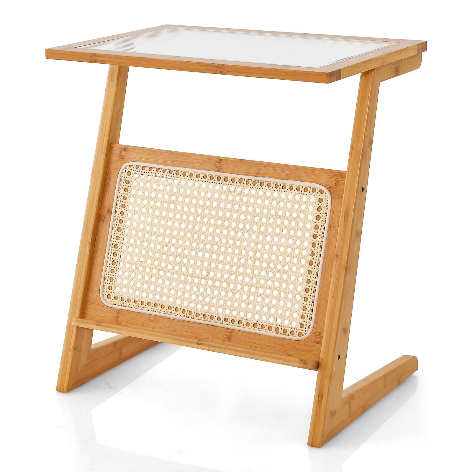 Z-shaped End Table with Magazine Rack and Rattan Shelf, Natural End & Side Tables   at Gallery Canada