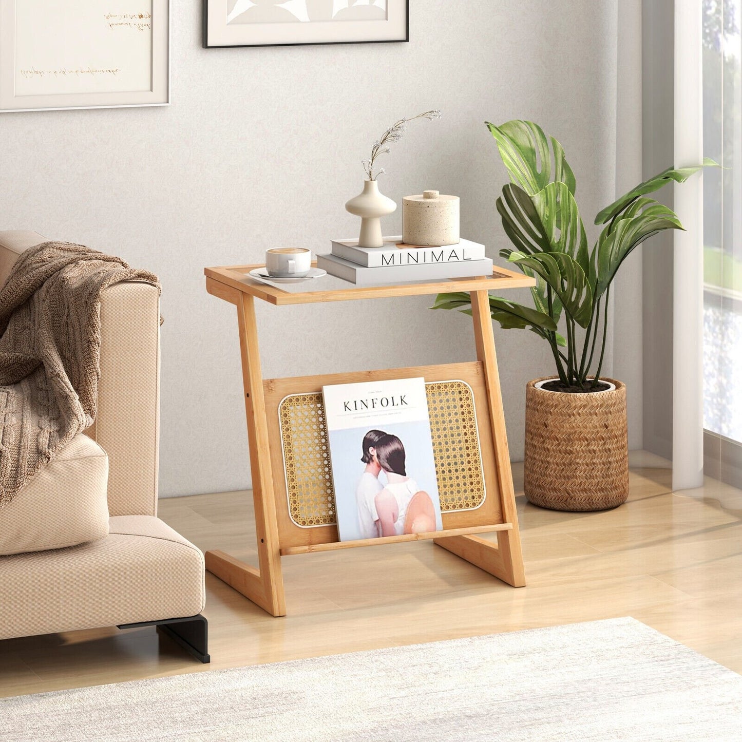 Z-shaped End Table with Magazine Rack and Rattan Shelf, Natural End & Side Tables   at Gallery Canada