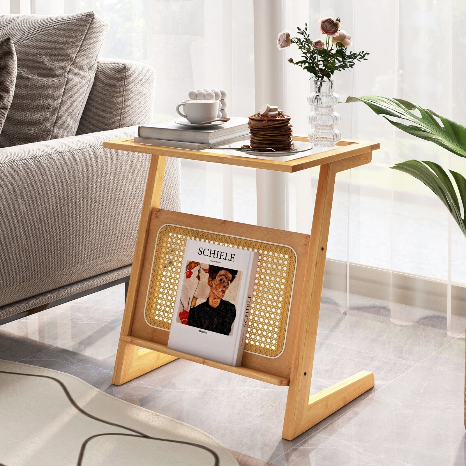 Z-shaped End Table with Magazine Rack and Rattan Shelf, Natural End & Side Tables   at Gallery Canada