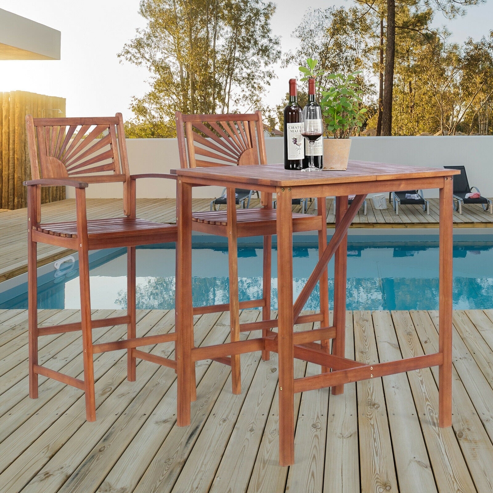 3 Pieces Acacia Wood Patio Bar Set with Sunflower Patterned Backrest, Natural Patio Bar Furniture at Gallery Canada