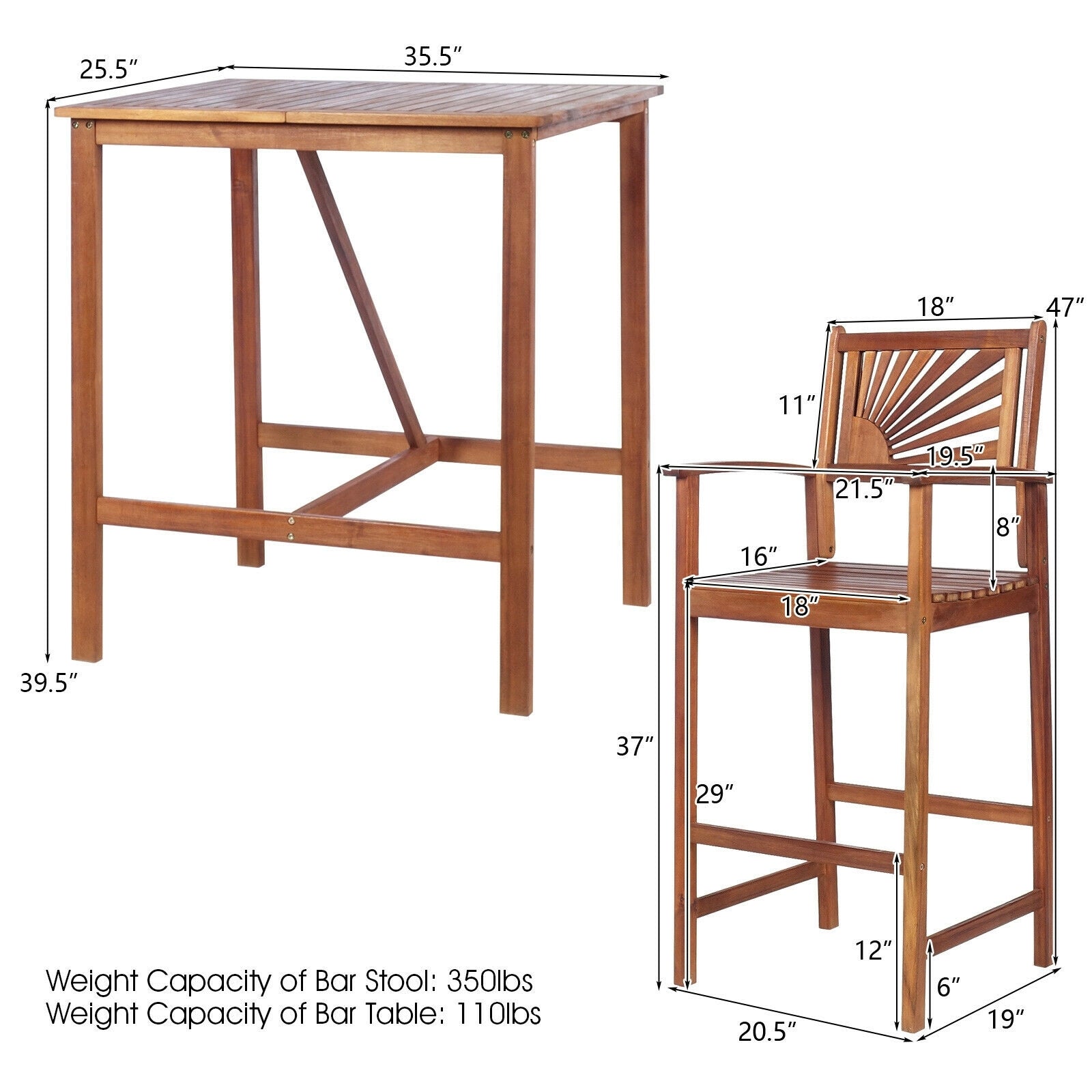 3 Pieces Acacia Wood Patio Bar Set with Sunflower Patterned Backrest, Natural Patio Bar Furniture at Gallery Canada