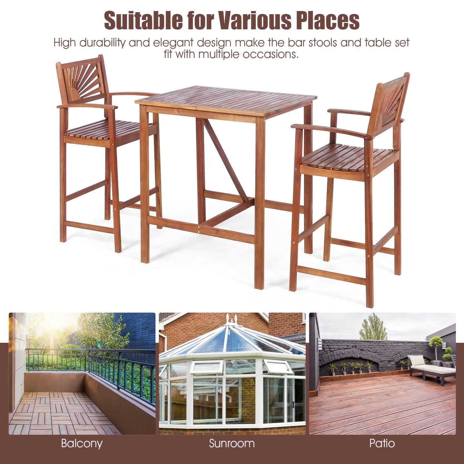 3 Pieces Acacia Wood Patio Bar Set with Sunflower Patterned Backrest, Natural Patio Bar Furniture at Gallery Canada