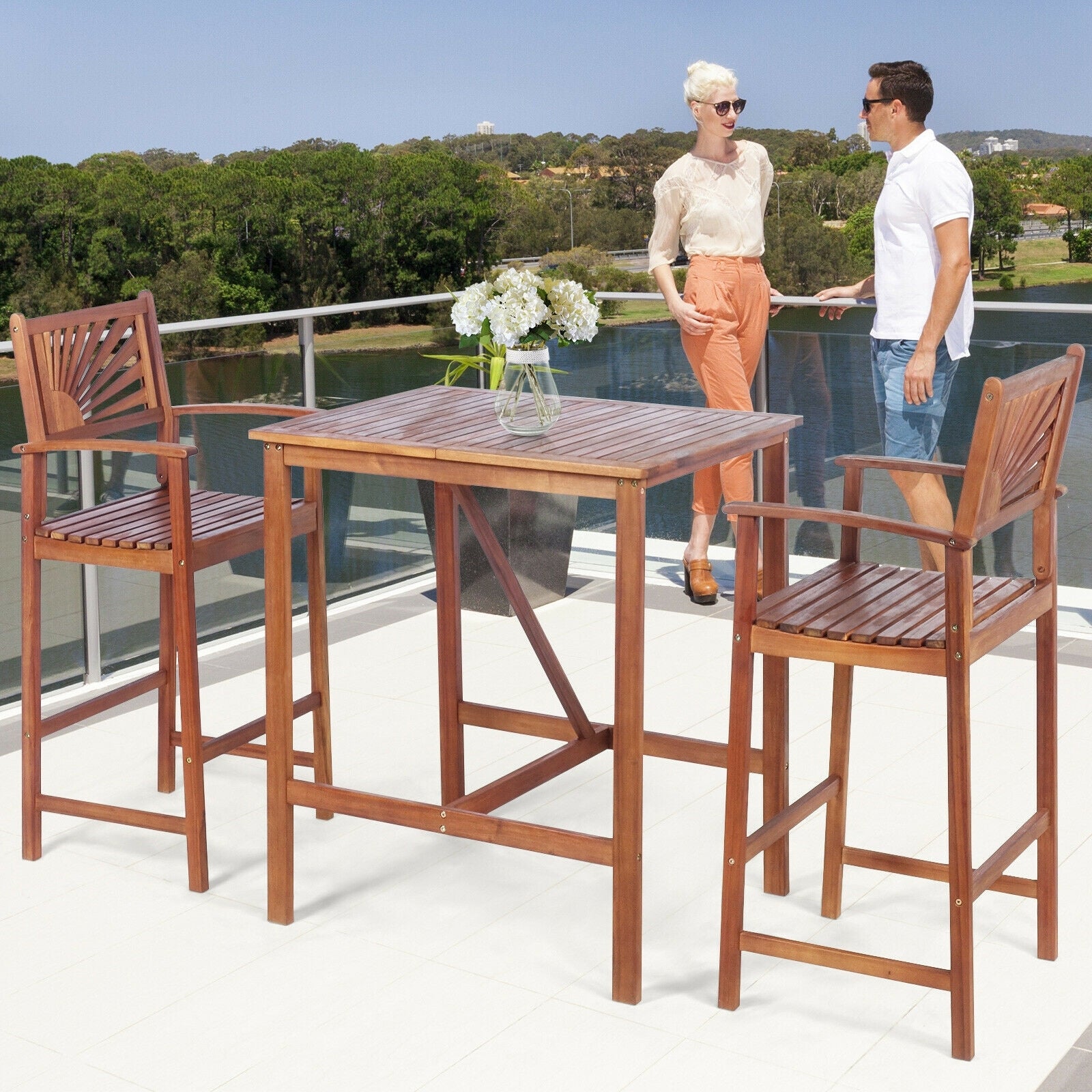 3 Pieces Acacia Wood Patio Bar Set with Sunflower Patterned Backrest, Natural Patio Bar Furniture at Gallery Canada