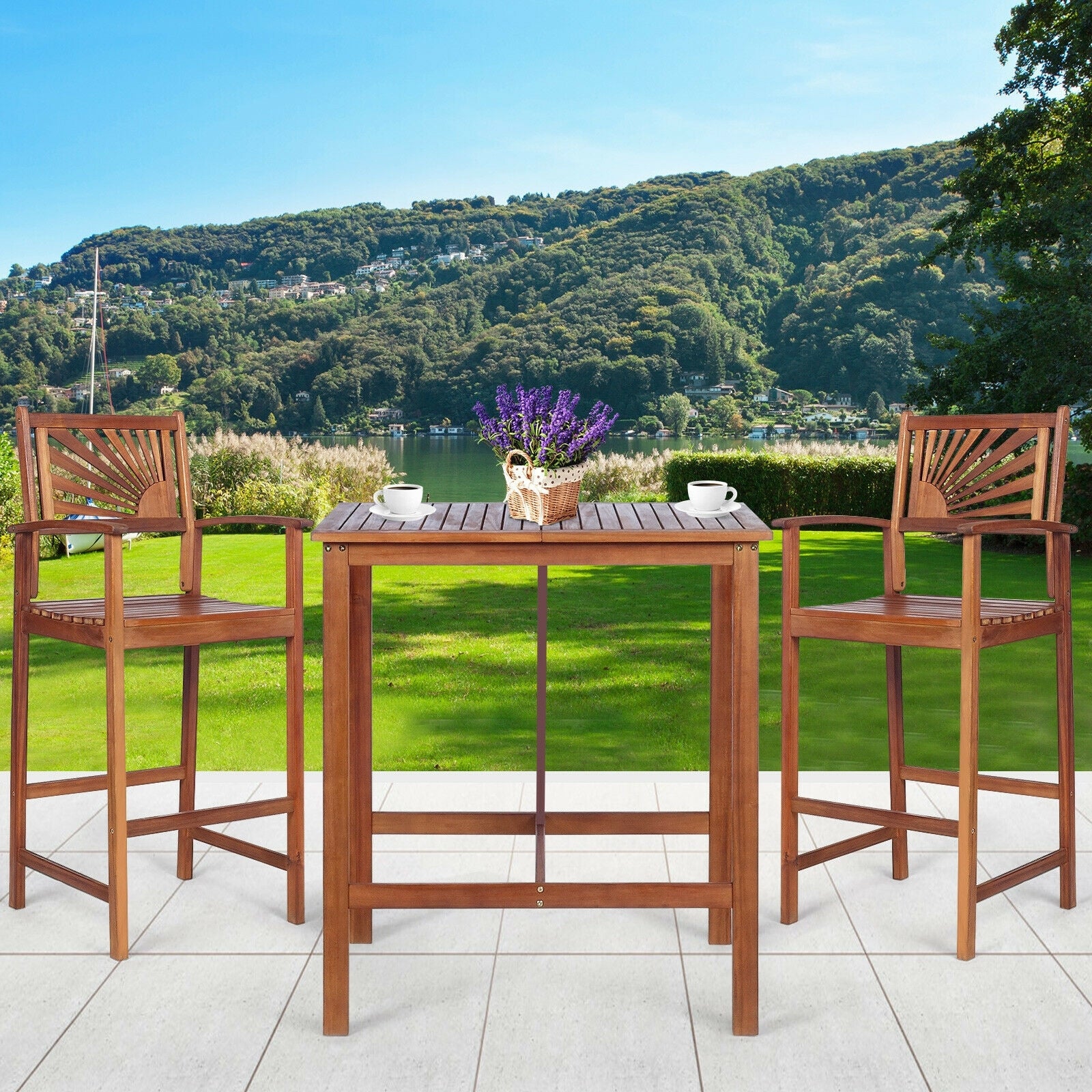 3 Pieces Acacia Wood Patio Bar Set with Sunflower Patterned Backrest, Natural Patio Bar Furniture at Gallery Canada