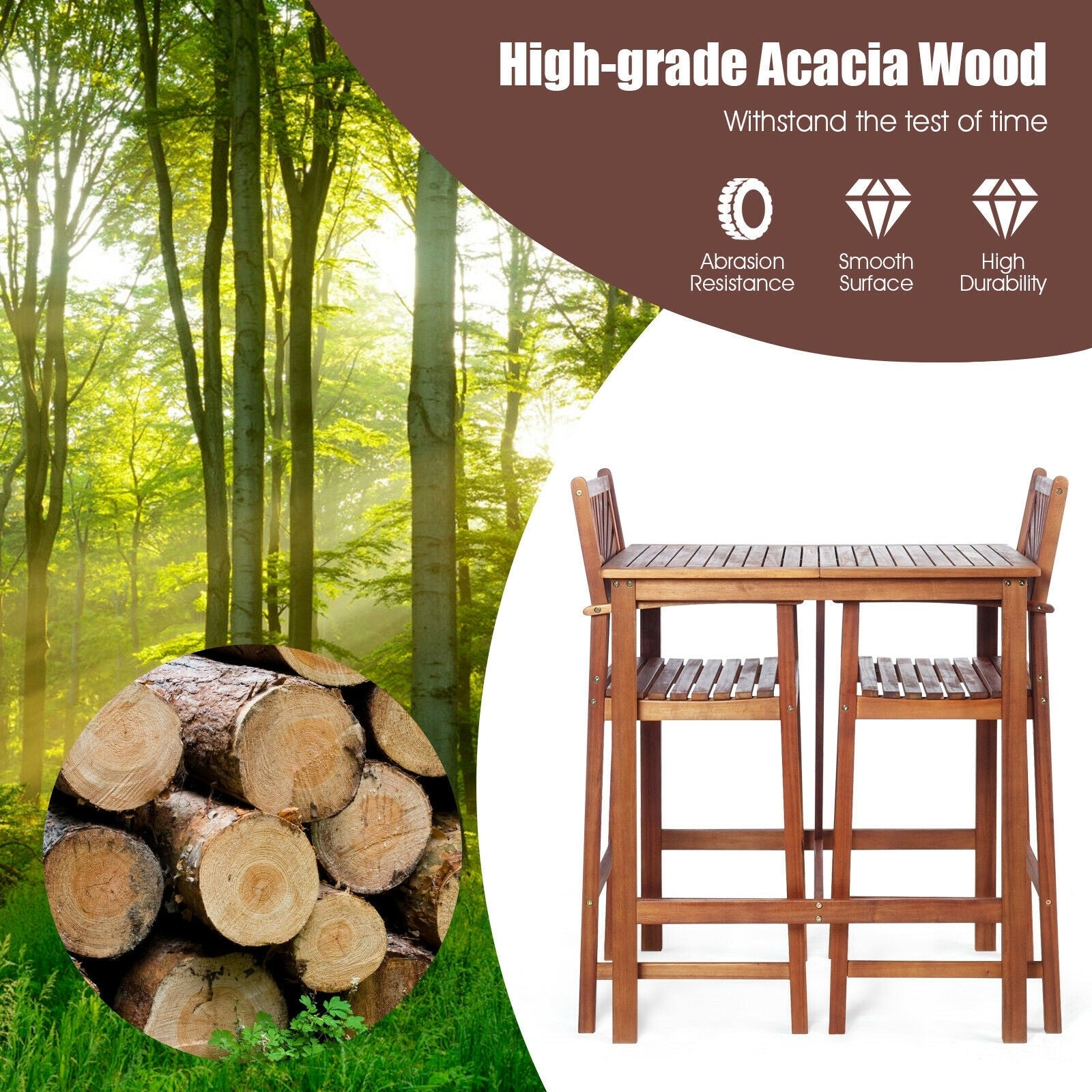 3 Pieces Acacia Wood Patio Bar Set with Sunflower Patterned Backrest, Natural Patio Bar Furniture at Gallery Canada