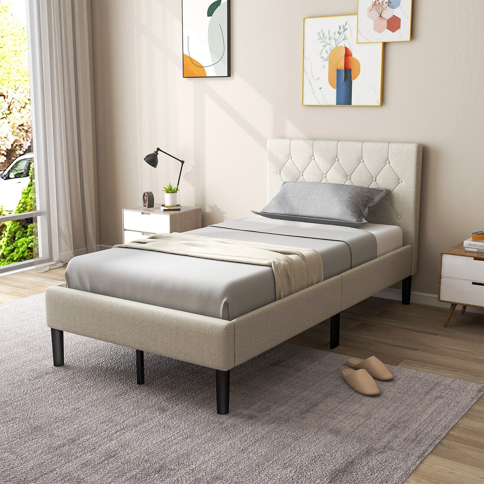 Twin Size Upholstered Platform Bed with Button Tufted Headboard, Beige Simple Bed Frame   at Gallery Canada