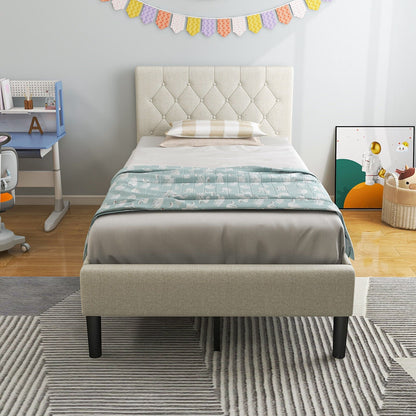 Twin Size Upholstered Platform Bed with Button Tufted Headboard, Beige Simple Bed Frame   at Gallery Canada