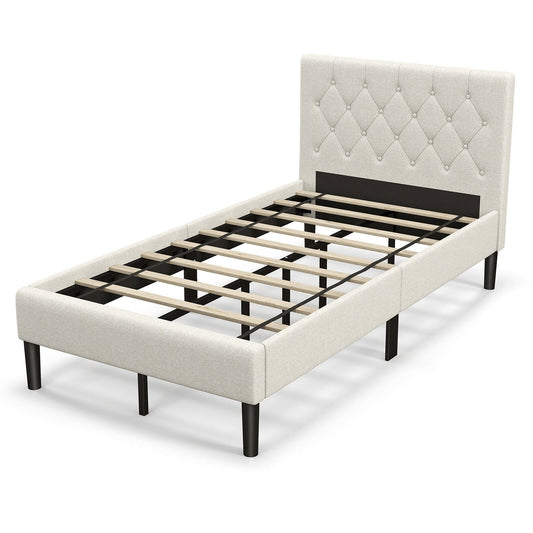 Twin Size Upholstered Platform Bed with Button Tufted Headboard, Beige Simple Bed Frame   at Gallery Canada