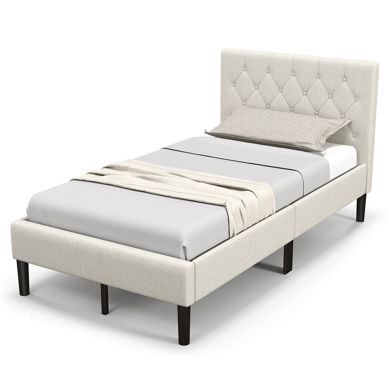 Twin Size Upholstered Platform Bed with Button Tufted Headboard, Beige Simple Bed Frame   at Gallery Canada