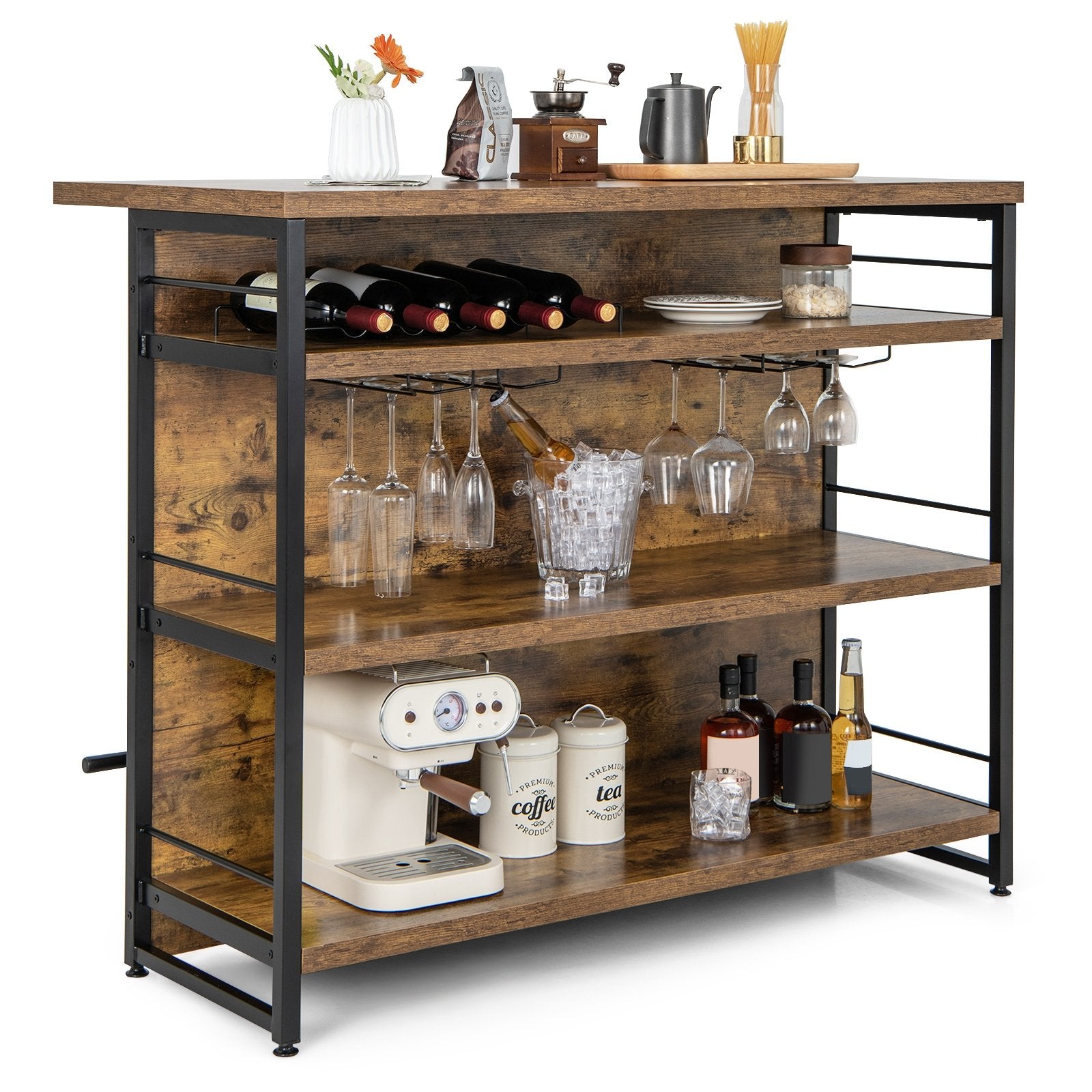 Kitchen Island with 4-Tier Storage Shelf and Long Footrest for Home, Rustic Brown Kitchen Islands & Carts   at Gallery Canada