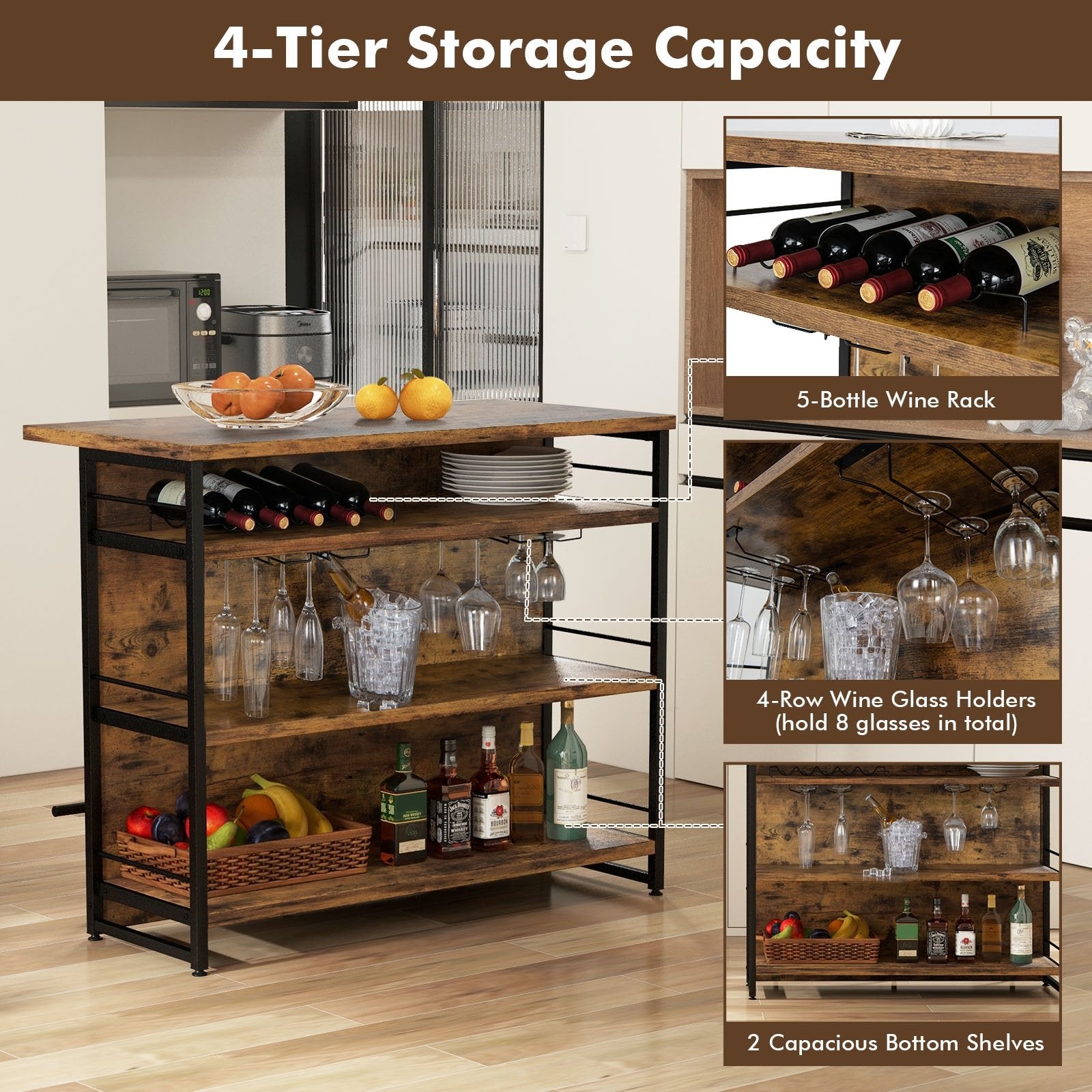 Kitchen Island with 4-Tier Storage Shelf and Long Footrest for Home, Rustic Brown Kitchen Islands & Carts   at Gallery Canada