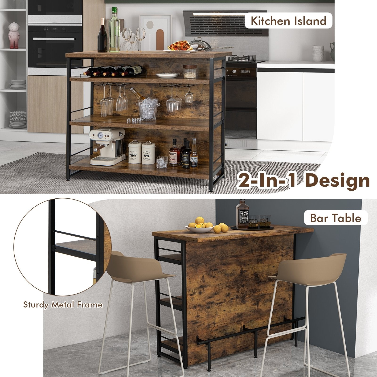 Kitchen Island with 4-Tier Storage Shelf and Long Footrest for Home, Rustic Brown Kitchen Islands & Carts   at Gallery Canada