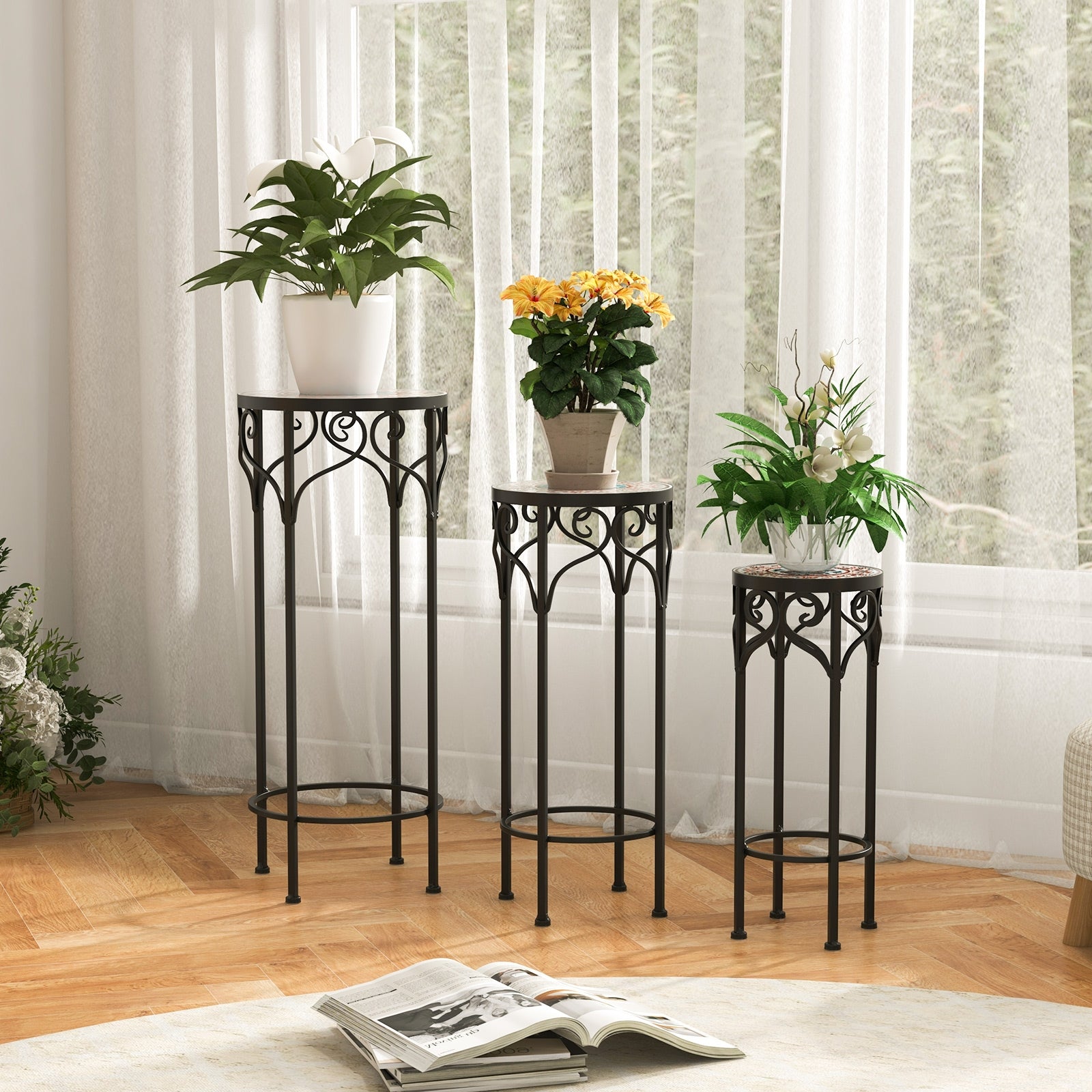 Decorative Flower Display Holder with Ceramic Top for Patio, Black Plant Stands at Gallery Canada